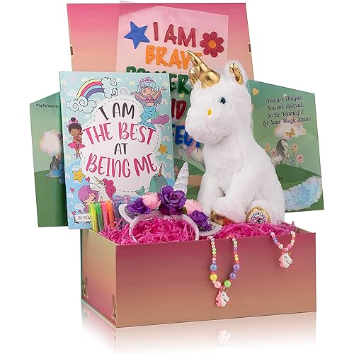 The Memory Building Company Kids Unicorn Princess Surprise Box for Girls & Boys, Includes Plush Toy, Coloring Book + Markers, Jewelry, Horn Headband, Birthday Activity Set for Ages 6 & Up