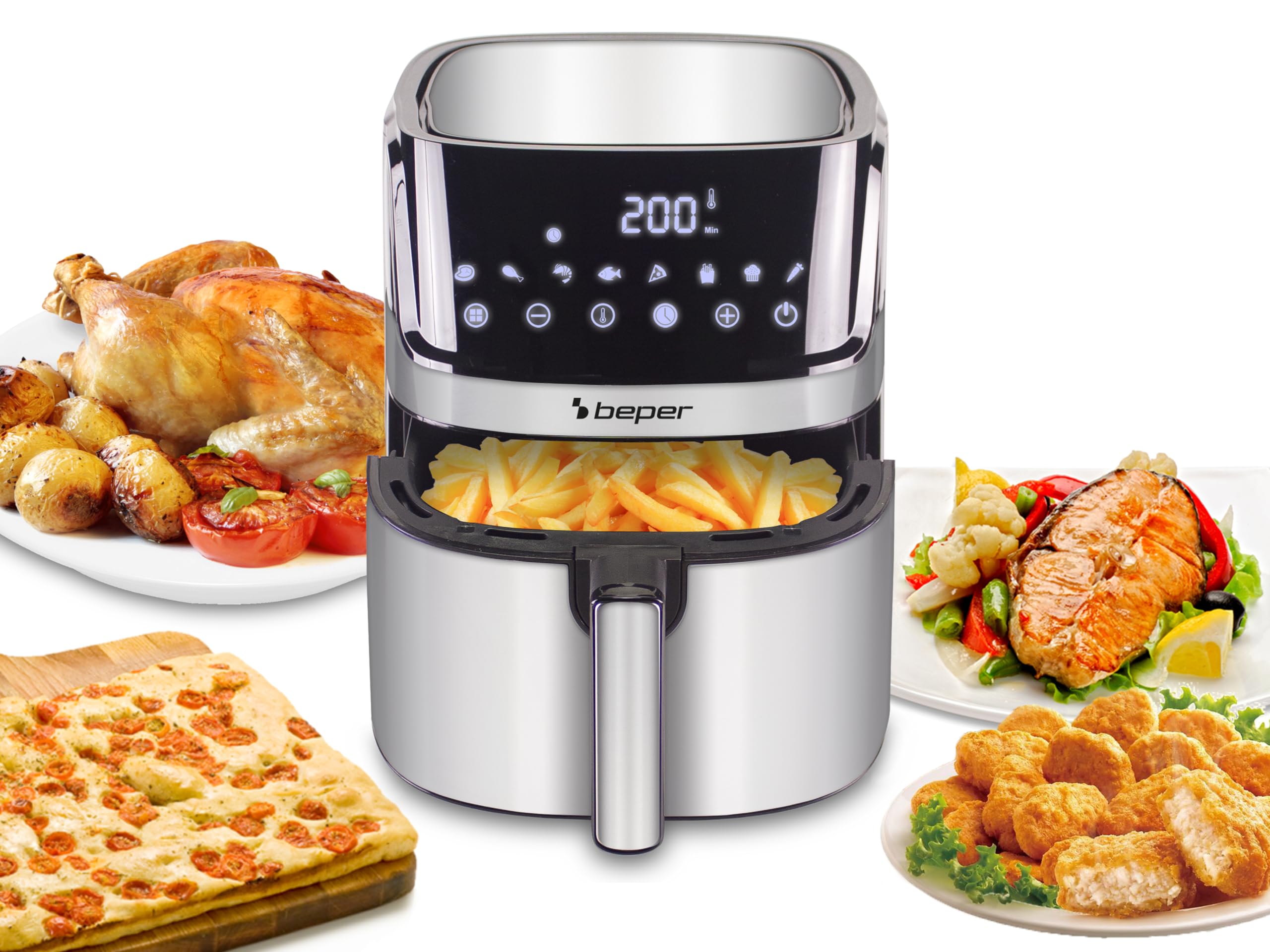 BEPER P101FRI070 Kwadratowa frytkownica na gorące powietrze, cyfrowa frytkownica 7 l, smażenie bez oleju, wyświetlacz dotykowy, 8 programów, regulacja do 200°C, timer 60 minut, automatyczne