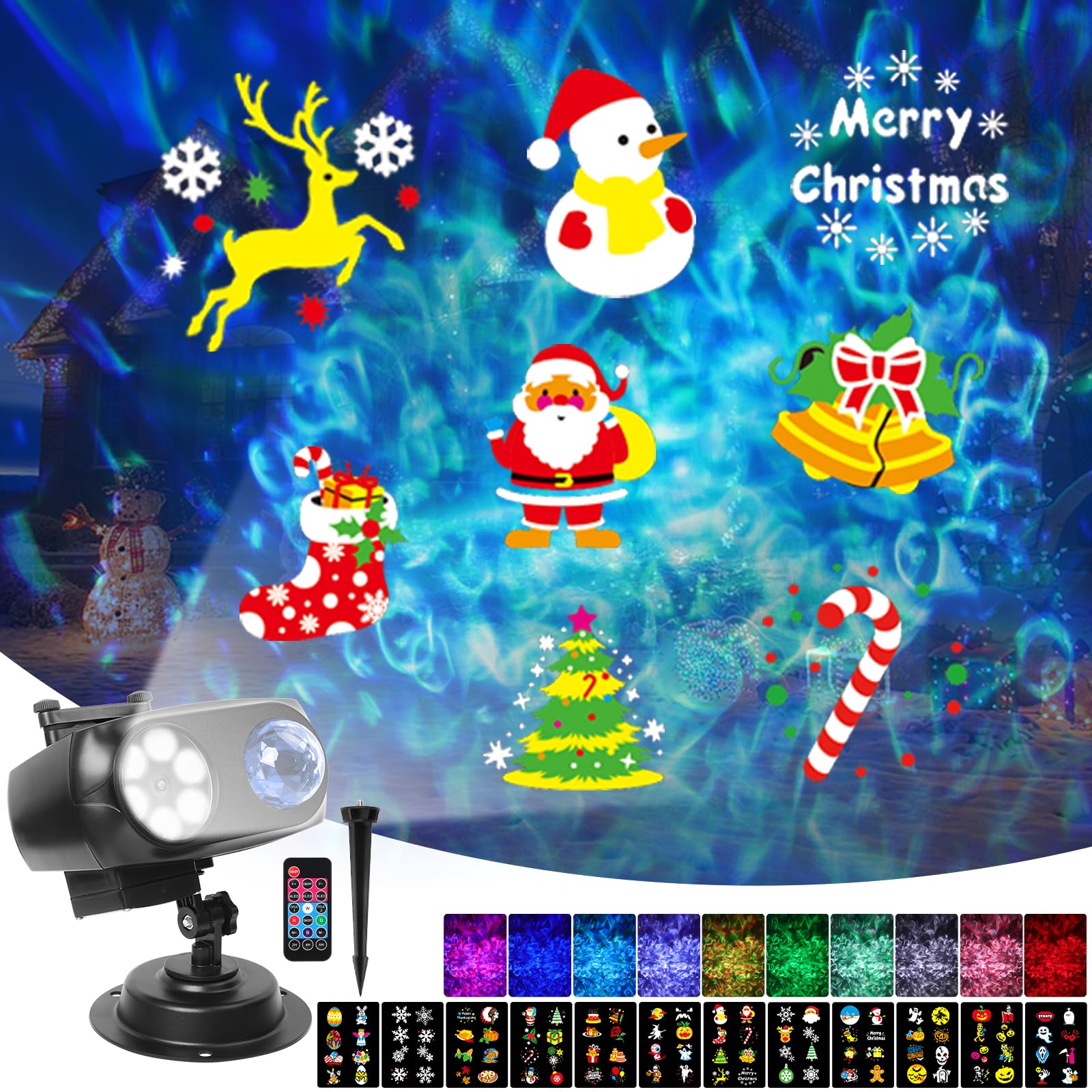 Proiettore Luci Natale, Proiettore Luci Natale Esterno 12 Diapositive Modelli con Telecomando e Timer, Impermeabile IP65 Proiettore Natale Esterno & Interno per Natale Giardino