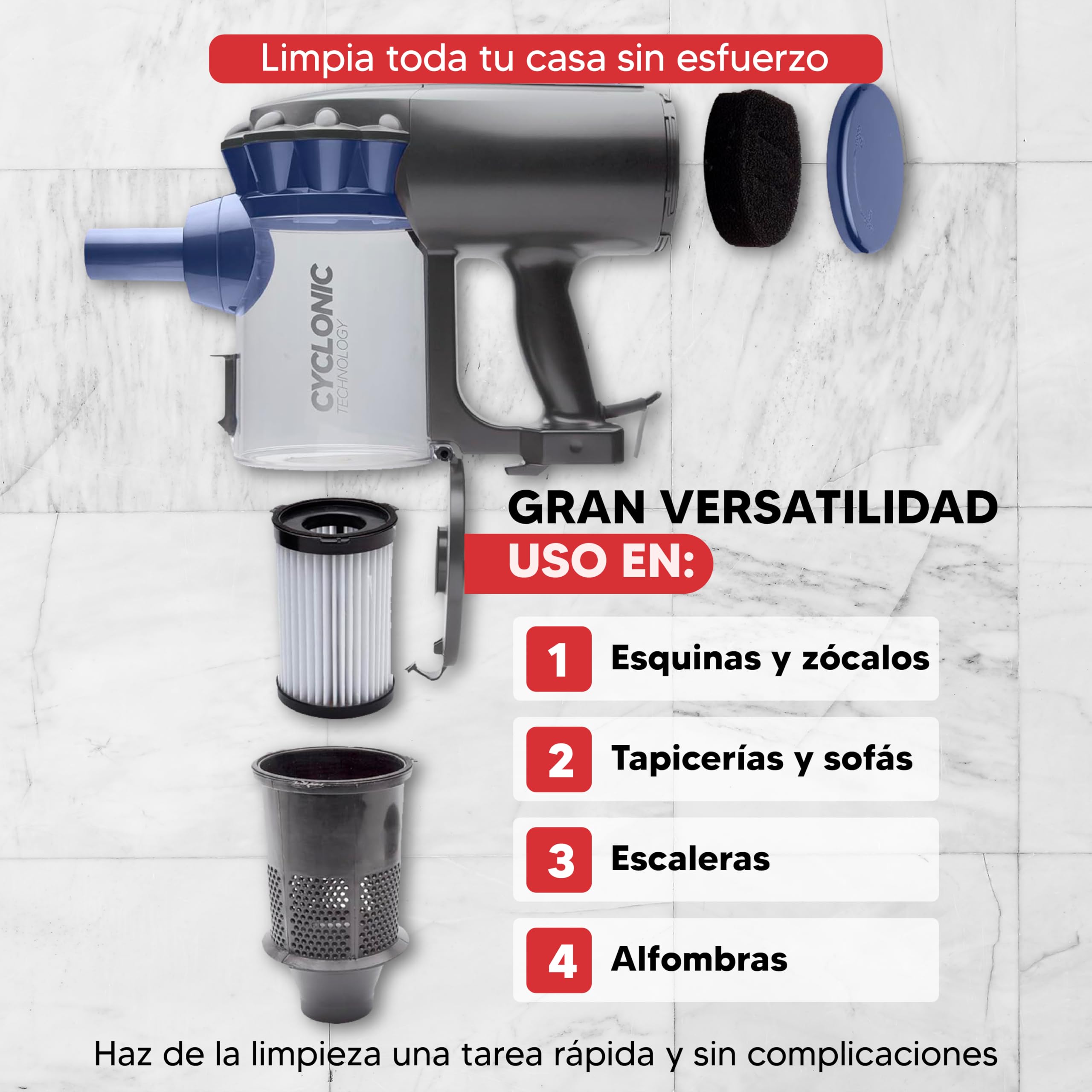 SOGO Aspirador Vertical Cómodo y Manejable – Aspirador Ciclónico 2 en 1 – Aspiradora de Mano y Escoba Ligera para Uso Diario – Cable de 4,5 Metros y Potencia 600W - Aspiradora con Filtro HEPA