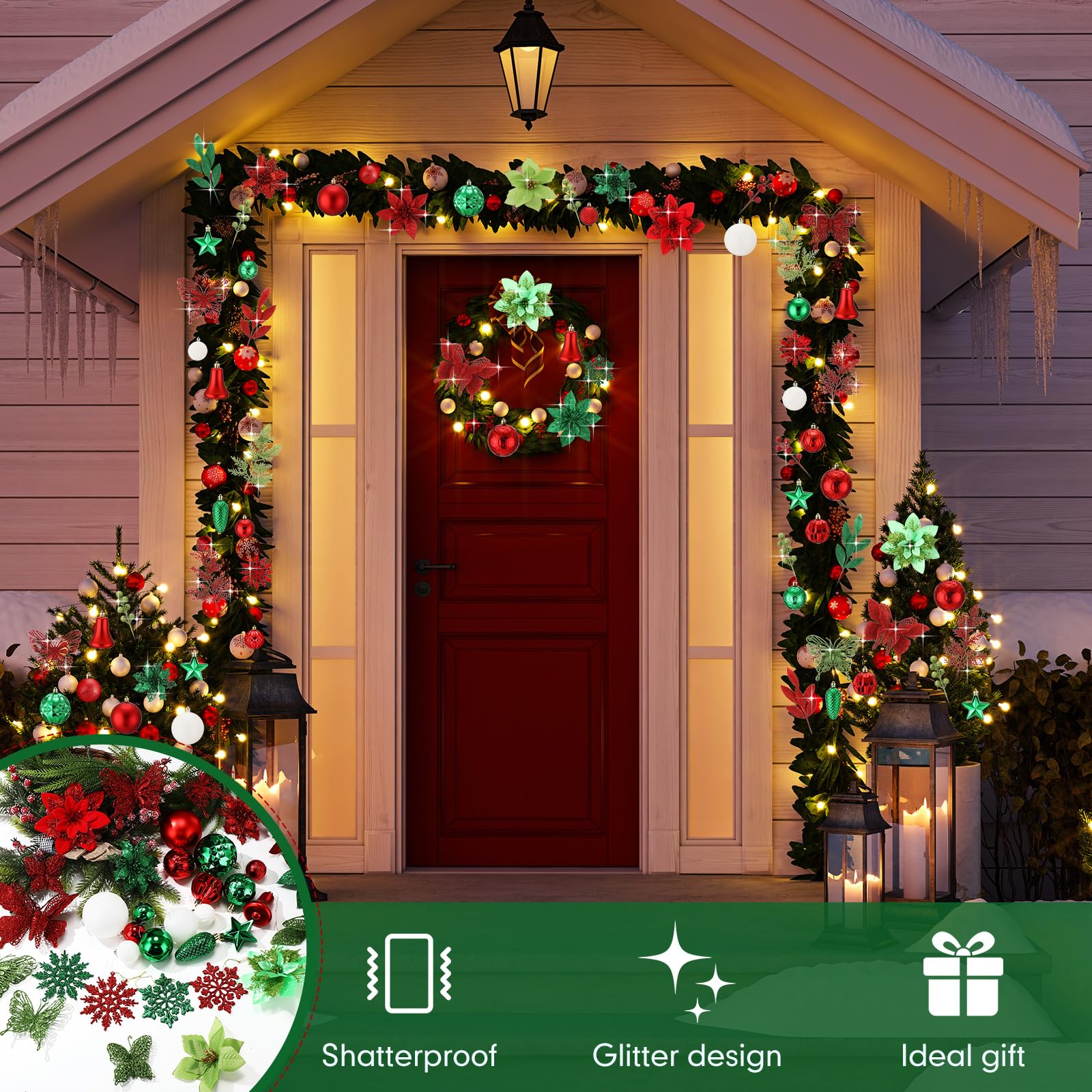 XunYee Lot de 143 décorations à suspendre pour sapin de Noël – Boules incassables – Flocon de neige, papillon, poinsettia, fleurs et baies – Rubans pour décoration de fête (rouge, vert, blanc)
