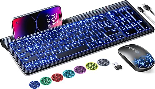 Teclado y mouse inalámbricos, recargable, retroiluminación ajustable de 7 colores, ergonómico, silencioso, con soporte para teléfono, conexión
