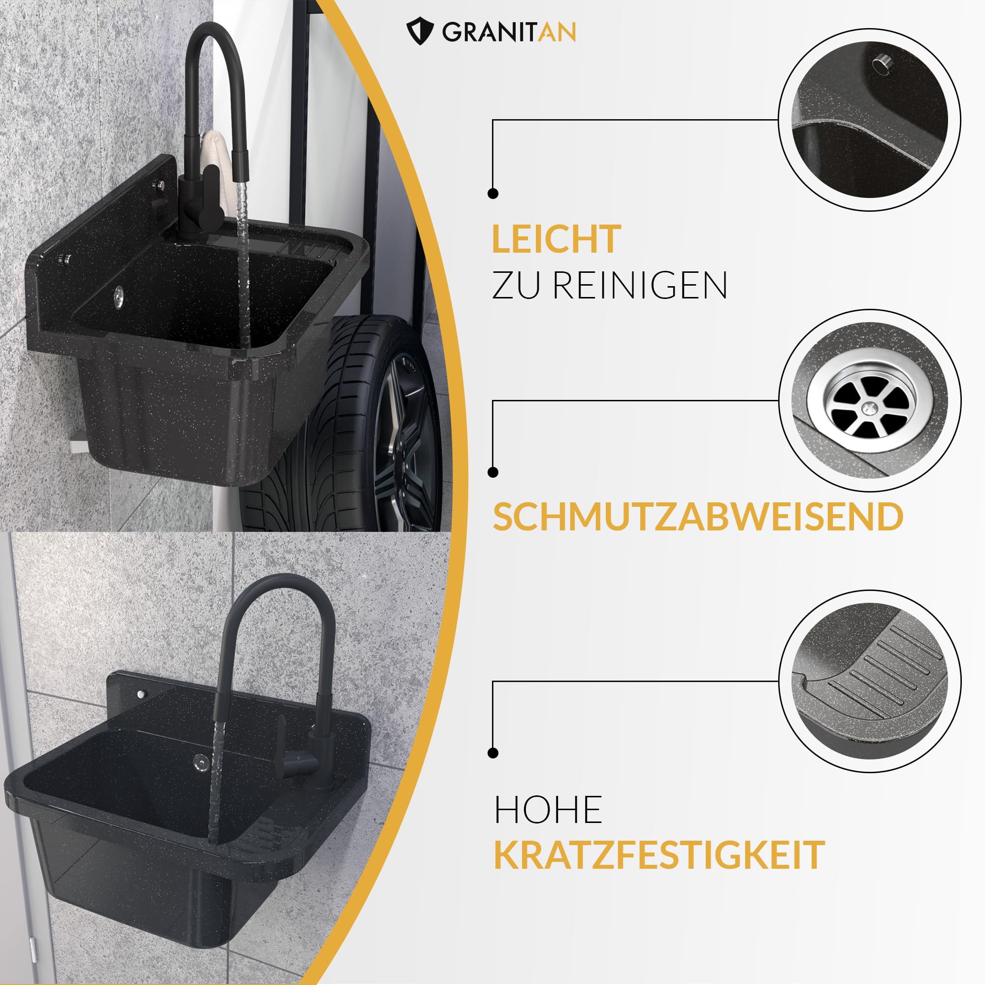 Lavabo Universel avec Siphon et Robinet de Lavabo Flex - 50x34x31 cm - Évier Exterieur pour Garage et Cave - Montage Mural - Noir - Granitan