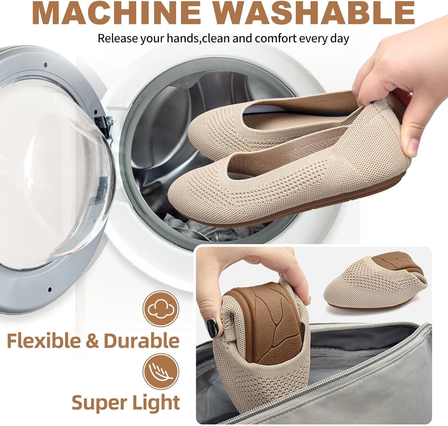 Puxowe Women's Ballet Flats Breathable Knit Slip On Comfortable Round Toe Walking Shoes with Arch Support Insole for Work