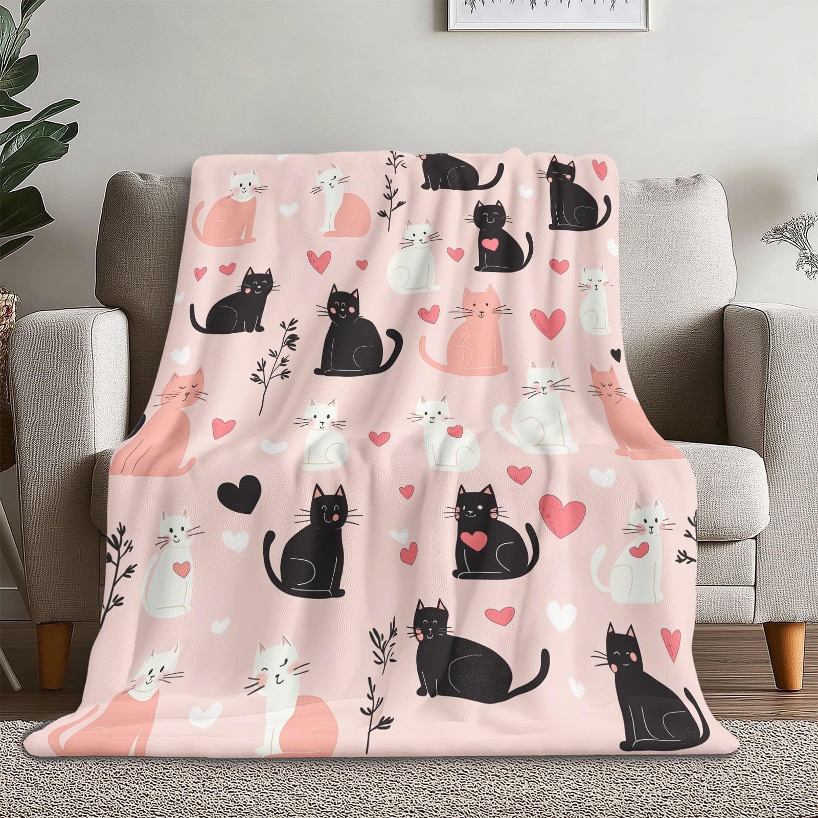 Kuscheldecke Flauschige, Einfache Katze Herzform Muster Decke, Weich & Warm Decke für Couch und Bett, Pflegeleichte Flauschige 180 x 220 cm, Rosa