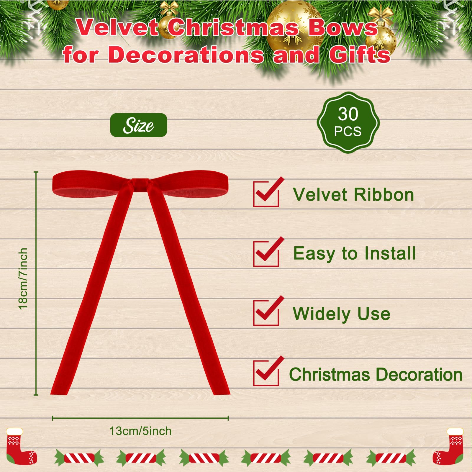 30 Pcs Velvet Christmas Bows -5 x 7 Inch Rustic Crafts Gift Bows Vintage Velvet Ribbon Bows for Christmas Tree Garland Home Wedding Decoration(Red)