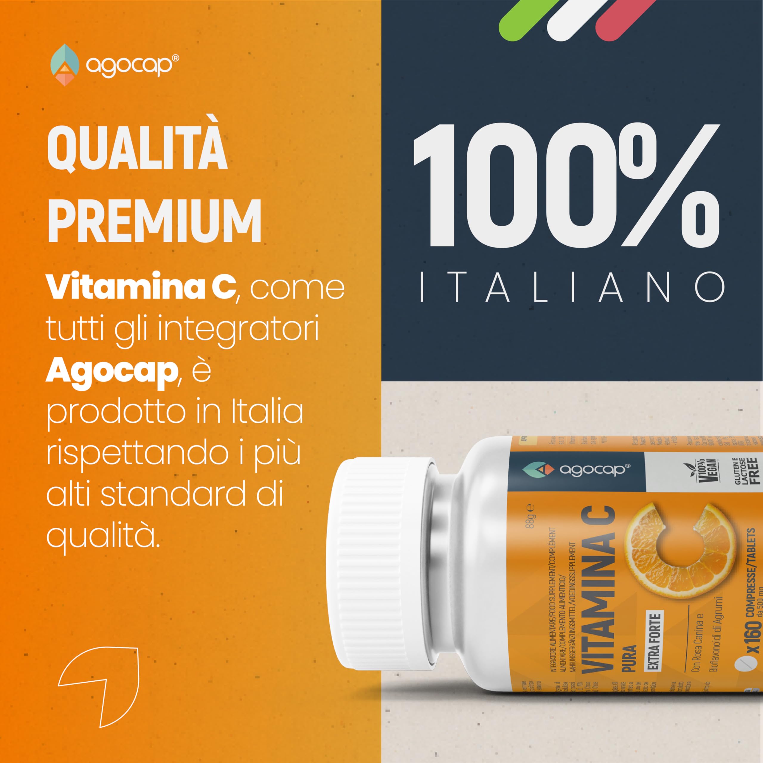 Vitamina C 1000mg, per dose giornaliera - ALTO ASSORBIMENTO. Vitamin C Pura con Rosa Canina e Bioflavonoidi da Agrumi. Vitamina C alleato per le difese immunitarie. 160 cpr da 500mg, Vegana, Agocap