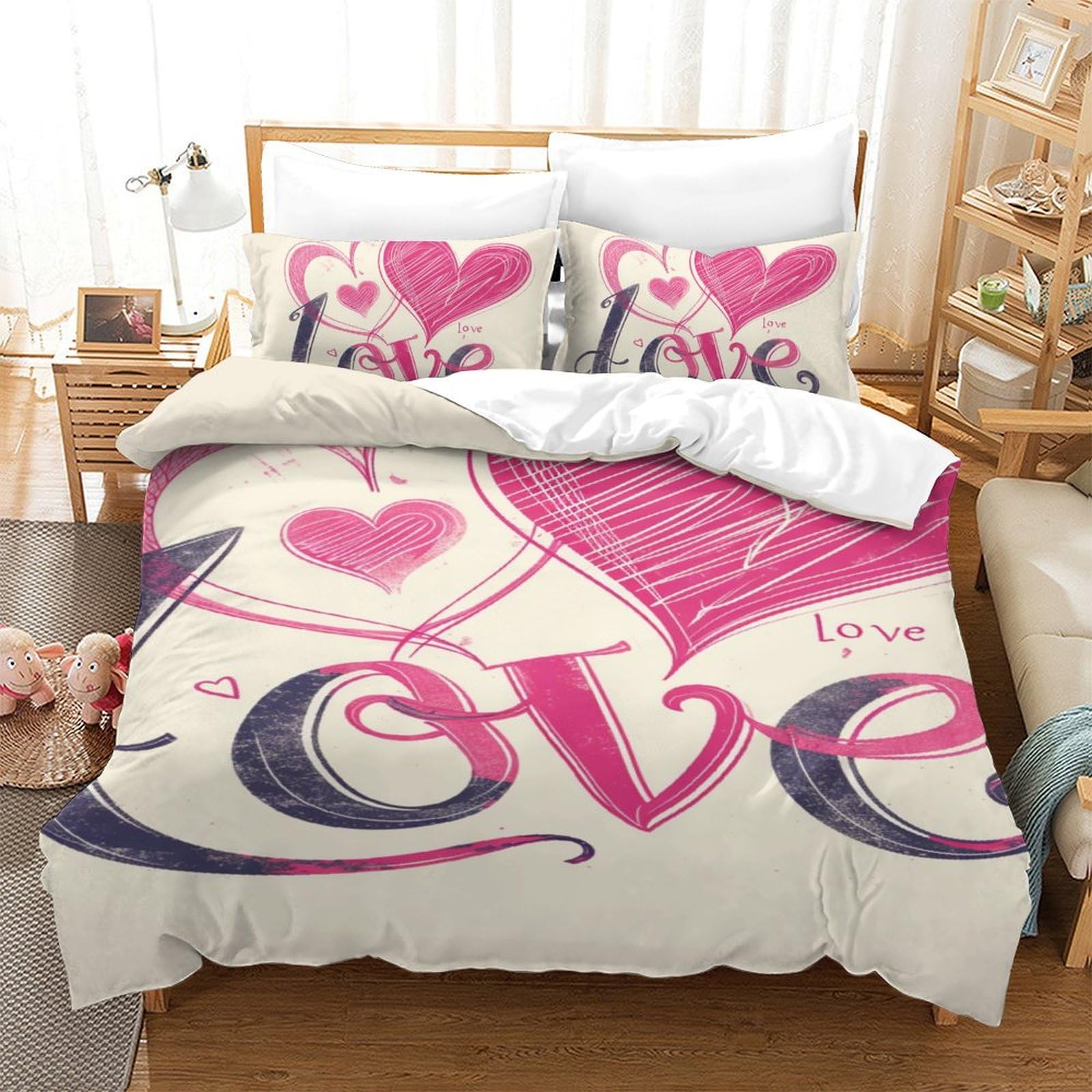 Housse de couette imprimée 3D Amour 140x200cm avec fermeture éclair pour lit simple