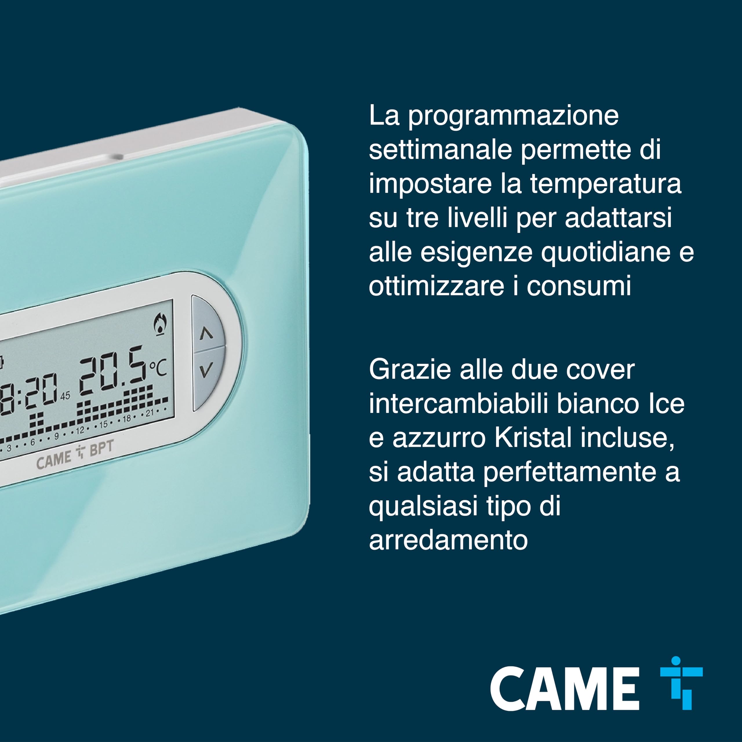 CAME Cronotermostato TH/450 digitale settimanale da parete a batterie ministilo, due cover incluse, controllo della temperatura differenziale e proporzionale integrale per l'ottimizzazione dei consumi