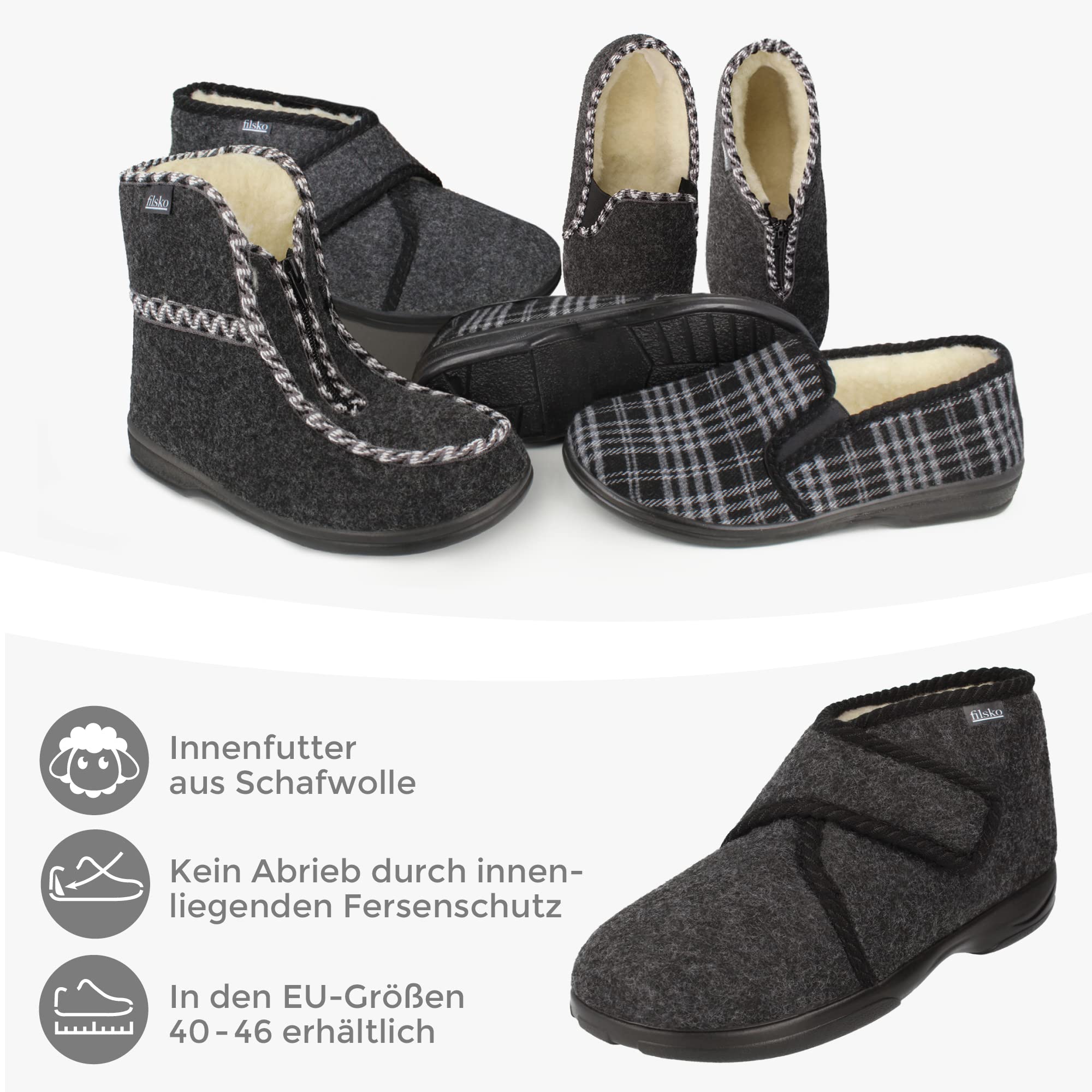 Hedlunda - Hausschuhe - Schafwolle - warm & weich - Klettverschluss - biegsam - grau/weiß - 36 bis 46 EU