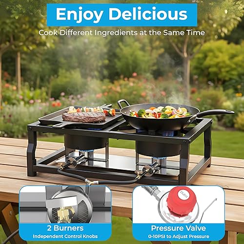 Miniatura 4 de Estufa de campamento de doble quemador de mesa, cocina portátil de gas propano de 100,000 BTU con regulador CSA, marco de acero resistente para