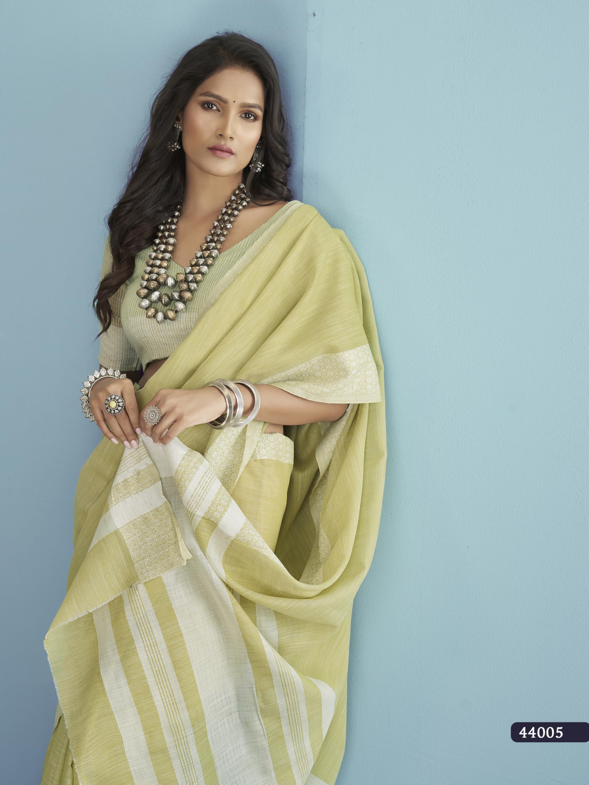 Pujia Mills Women's Soft Linen Cream & Black Chikankari Border Work Casual Wear Saree