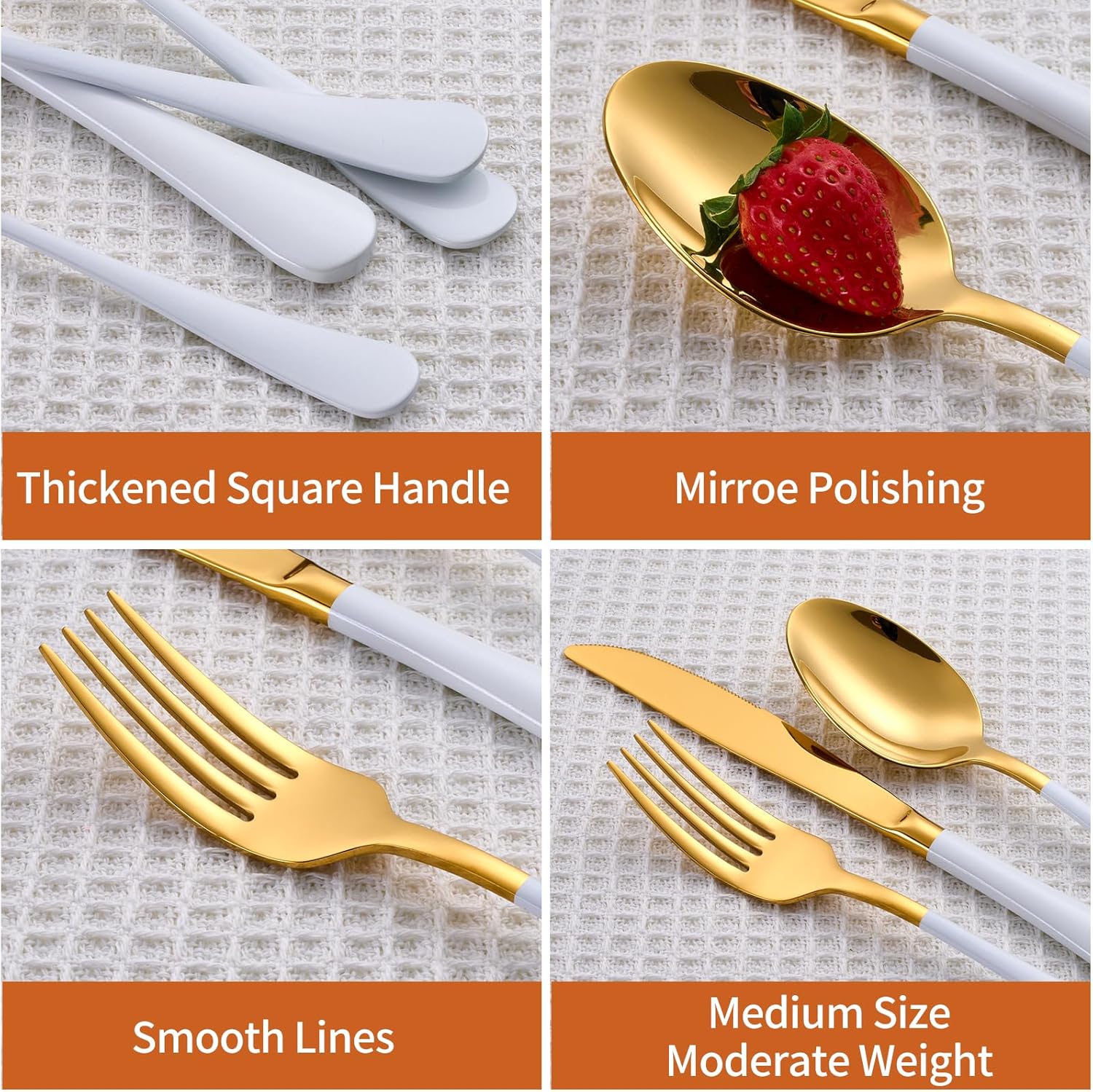 20 Piece Gold and White 18/0 Flatware Utensil Set for 4, Include Dinner Knife,Dinner Forks,Dinner Spoons,Salad Forks,Teaspoons,Silverware Set for 4, Dishwasher Safe