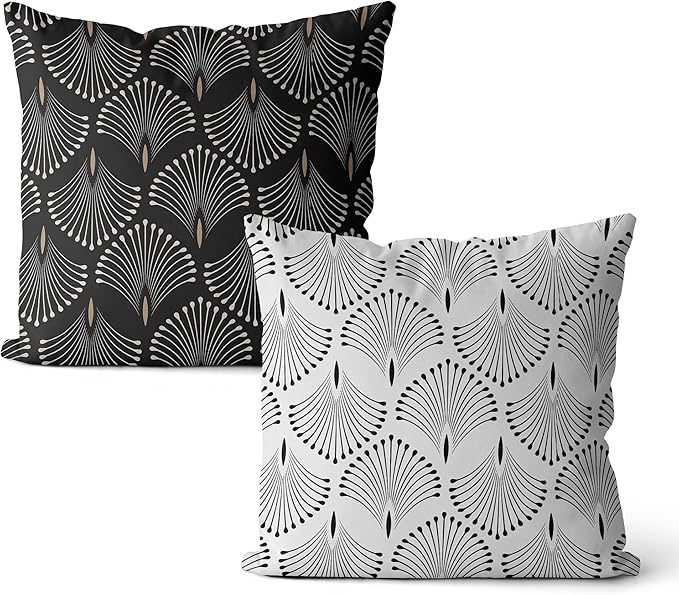 Art Deco Black and White Pillow Covers 18x18 Set of 2, Art Deco Decor, Abstract Vintage 1920s Peacock Tail Pattern Decorative Throw Pillow Covers for Home Bedroom Living Room, Double-Sided