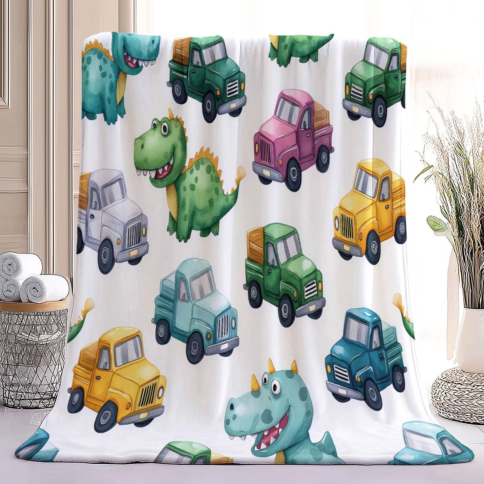 Cartoon Verspielt Kuscheldecke Dinosaurier LKWs Fahrzeuge Decke Tagesdecke Wohndecke Grün, Couchdecke Weich Warm Flauschig, Sofa Decke für Reisen Zelten Outdoor, 150 x 200 cm