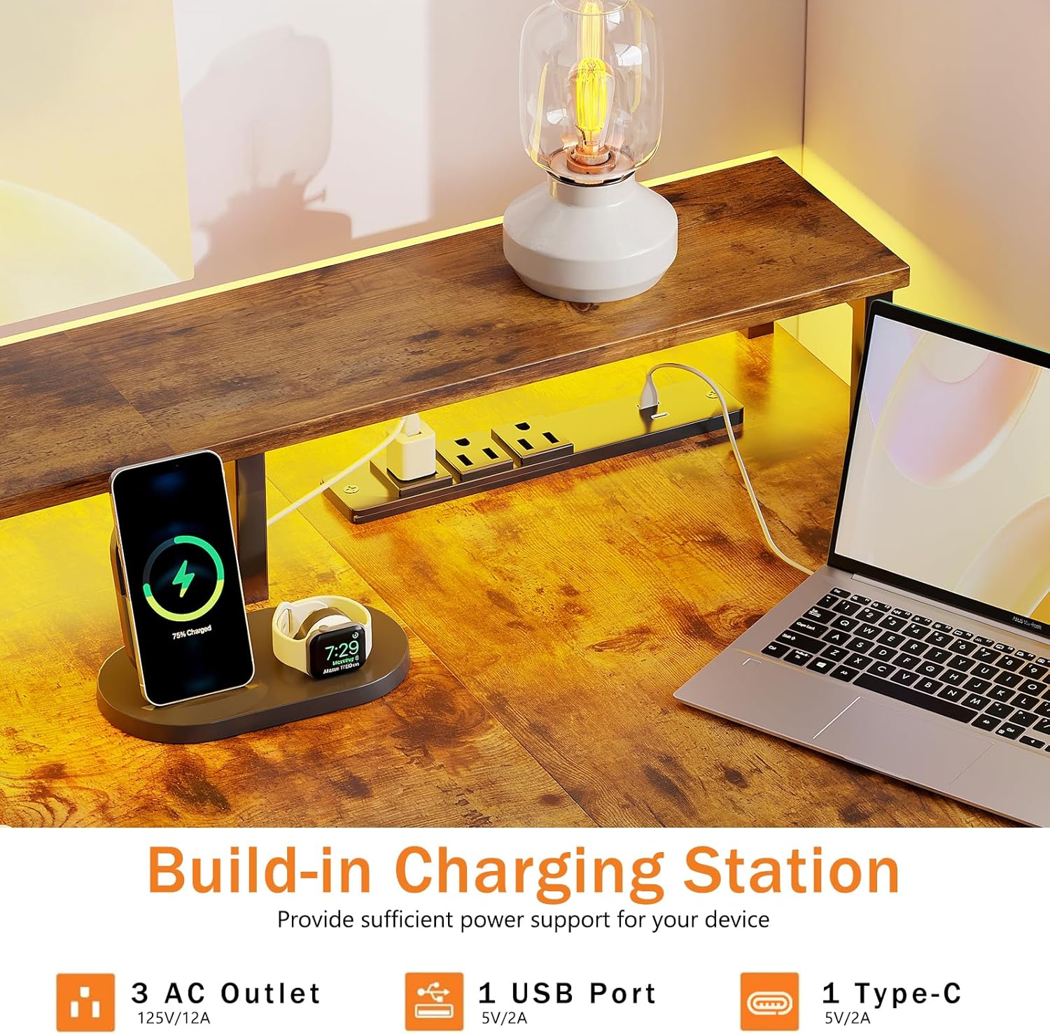 Close-up of the built-in charging station on the VERMESS desk