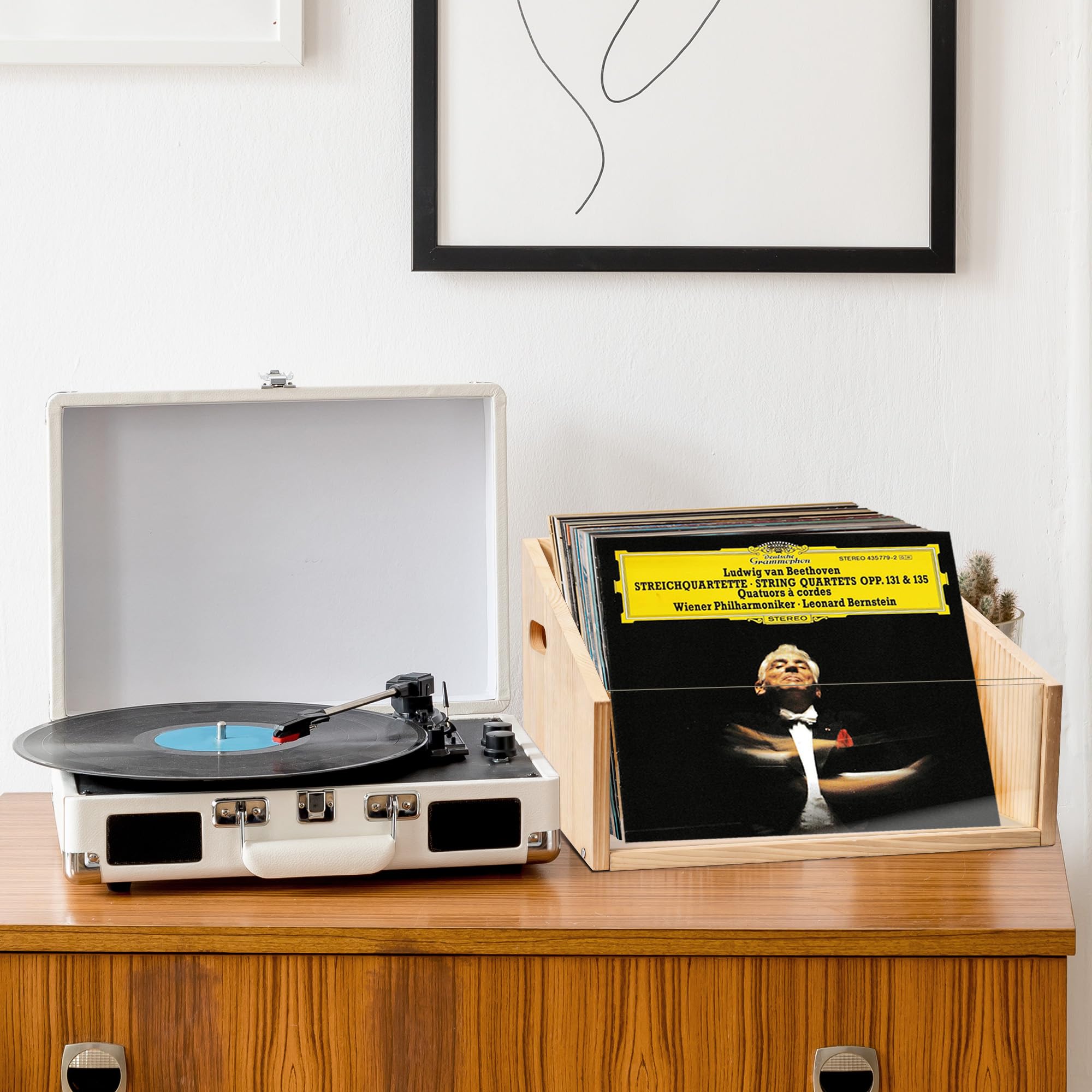 GRETJOB Cassetta per dischi in vinile, in legno e acrilico, può contenere oltre 70 dischi, libri, cartelle, per scrivania e casa e ufficio, con manico (colore legno naturale)
