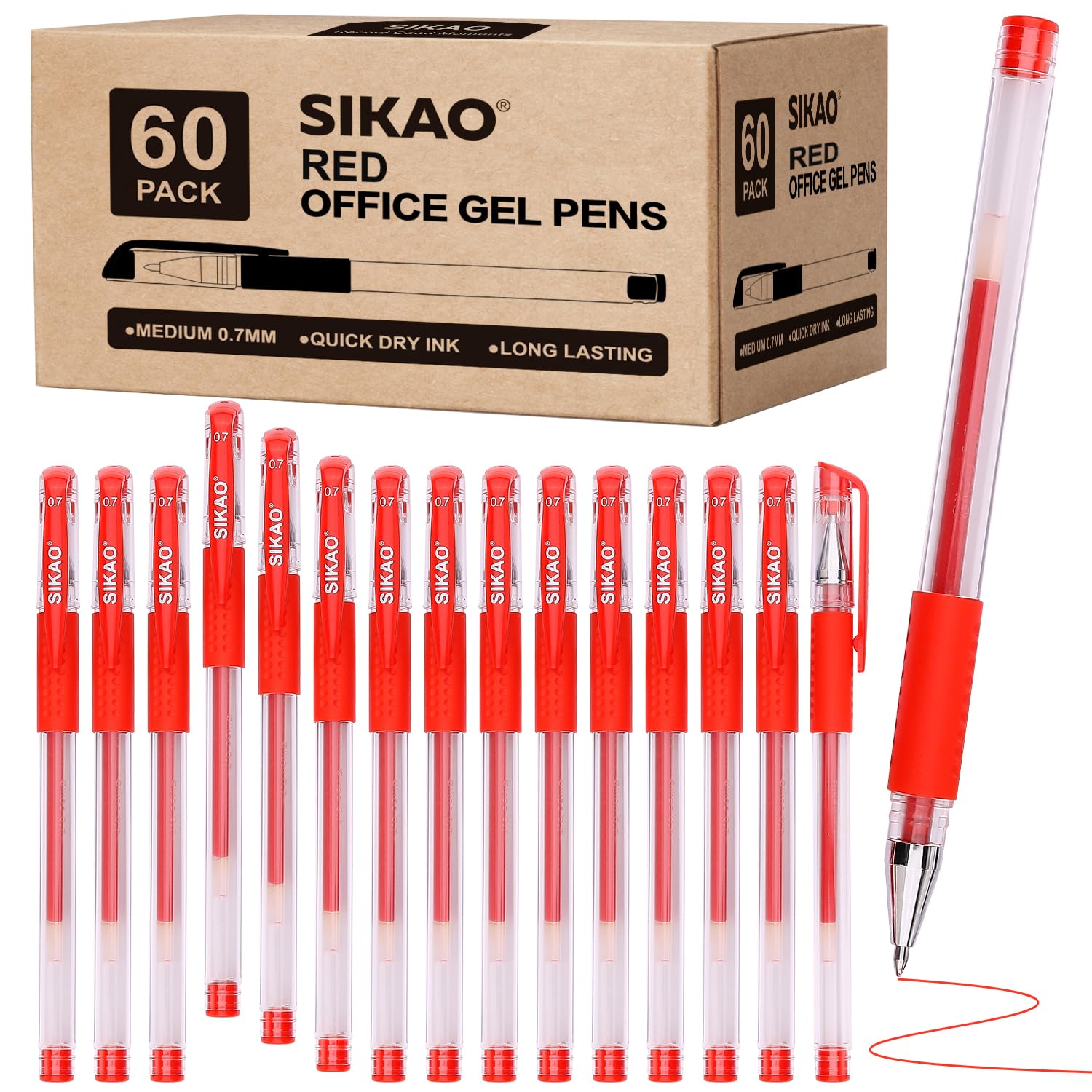 Sikao Red Gel Pens Bulk, 60 Pack 0.7mm Fine Point Gel Ink Rollerball Pens, Smooth Quick-Dry Red Ink No Smear, Comfortable Grip Pens for Grading, Editing, School, Office & Note Highlighting
