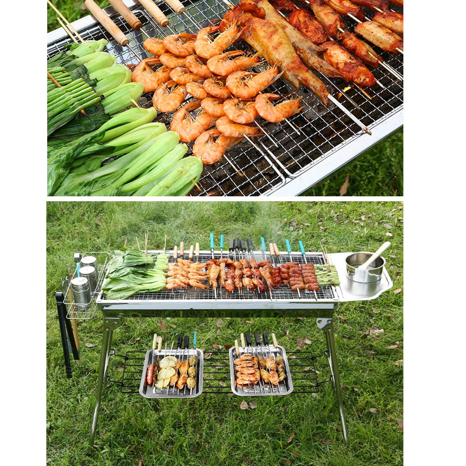JIUYUEYA Parrilla de Barbacoa de carbón portátil con cestas de condimentos y Ganchos, Cocina de Acero Inoxidable for Camping, Picnic, Senderismo, Fiesta en el jardín, Festival