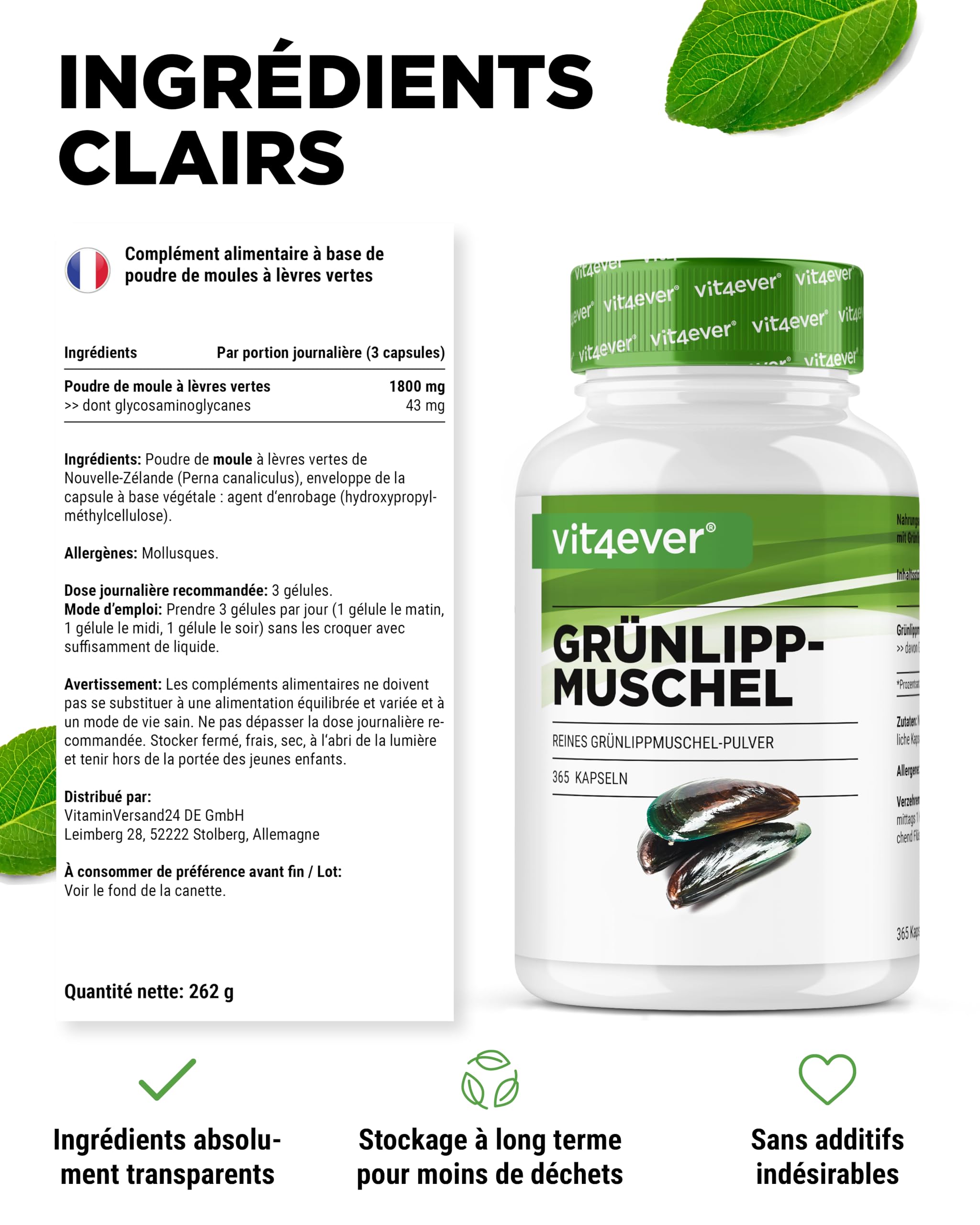 Moules aux Orles Verts - 365 capsules de 600 mg - Avec Glycosaminoglycanes - Extrait Hautement Dosé - 100% Poudre de Moules aux Orles Verts de Nouvelle-Zélande, sans Additifs.