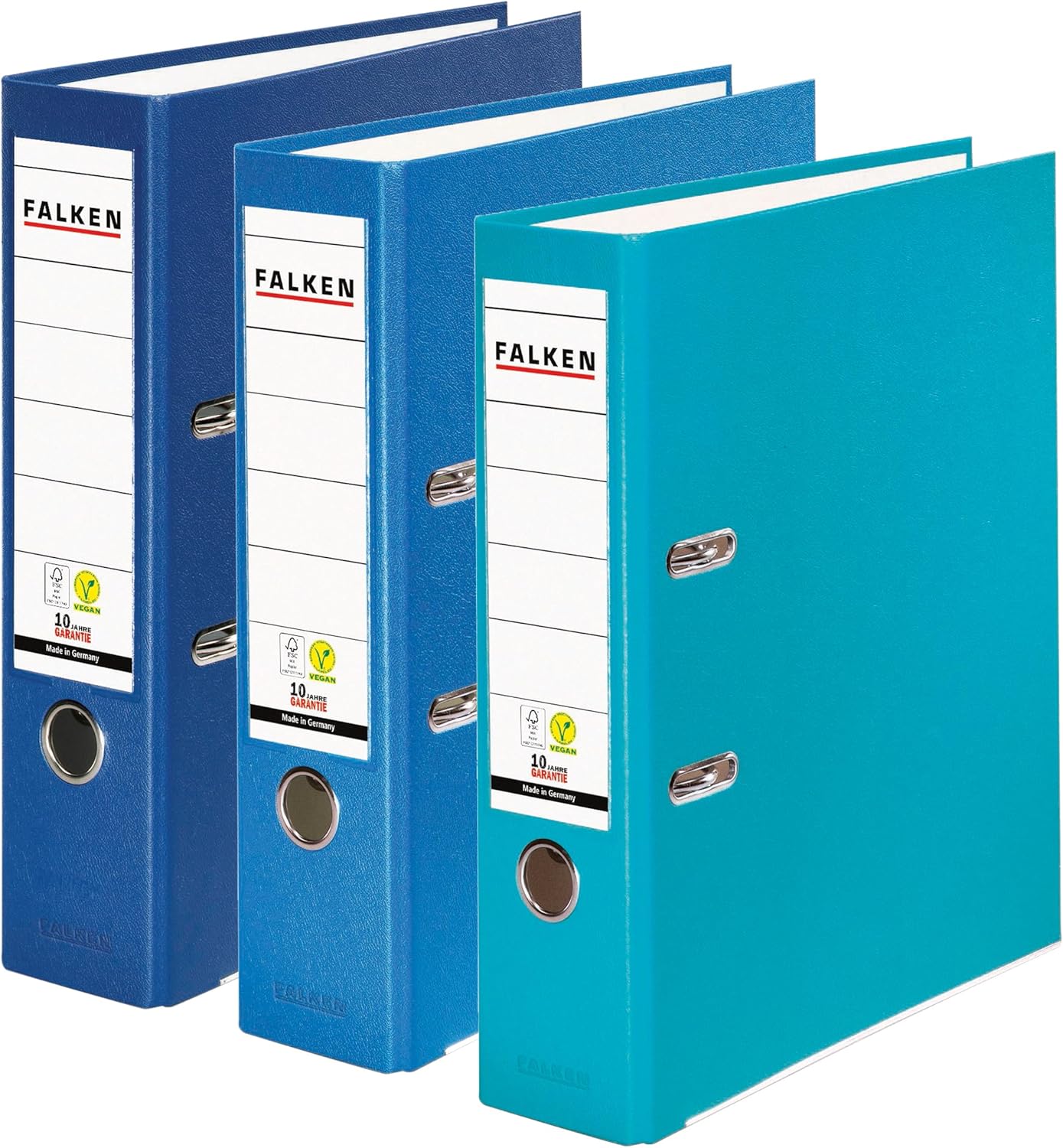 Falken Pack of 3 Polypropylene Colour Folders, Made in Germany, 8 cm Wide, DIN A4, Assorted Colours, Ocean Vegan Plastic Cover Outside, Paper Cover Inside, with Interchangeable Spine Label