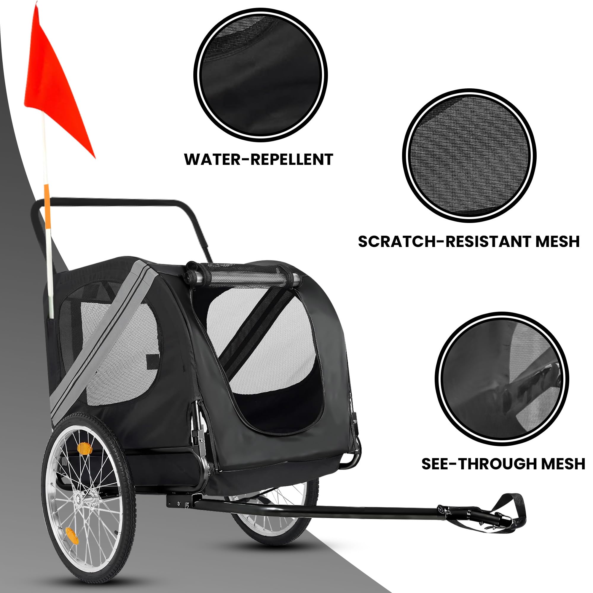 Remorque Vélo Chien 2 en 1 - Poussette Chien Pliable, Charge jusqu'à 35 kg, Attelage Inclus, Sol Antidérapant, Sangle Sécurité, Bien Ventilée, Multifonctionnelle, Gris Foncé