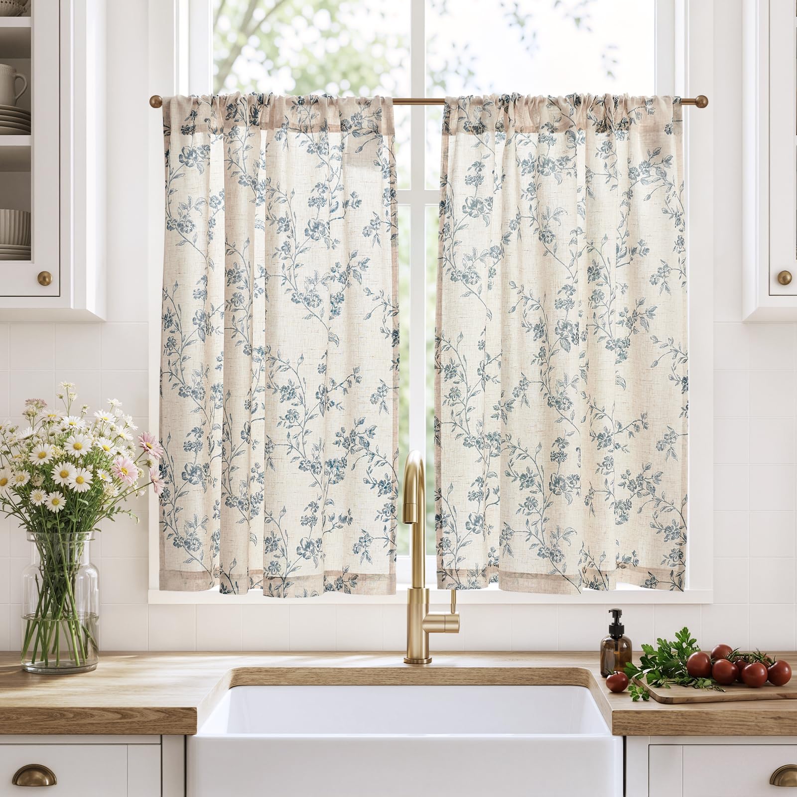 TOPICK Kitchen Curtains 36 Inch Drop, Linen Look Blue Floral Small Cafe Curtains, Rod Pocket Light Filtering Curtain Tiers for Cupboard Base, Sink, Basement, Bistro, W36 x L36 Inch