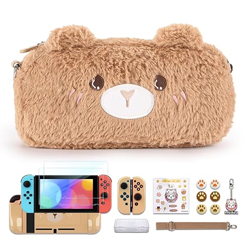innoAura Switch Case with 16-in-1 Accessories Bundle, Carrying Case, Screen Protector & Thumb Caps (Brown Bear) - Switch 1 Brown Bear