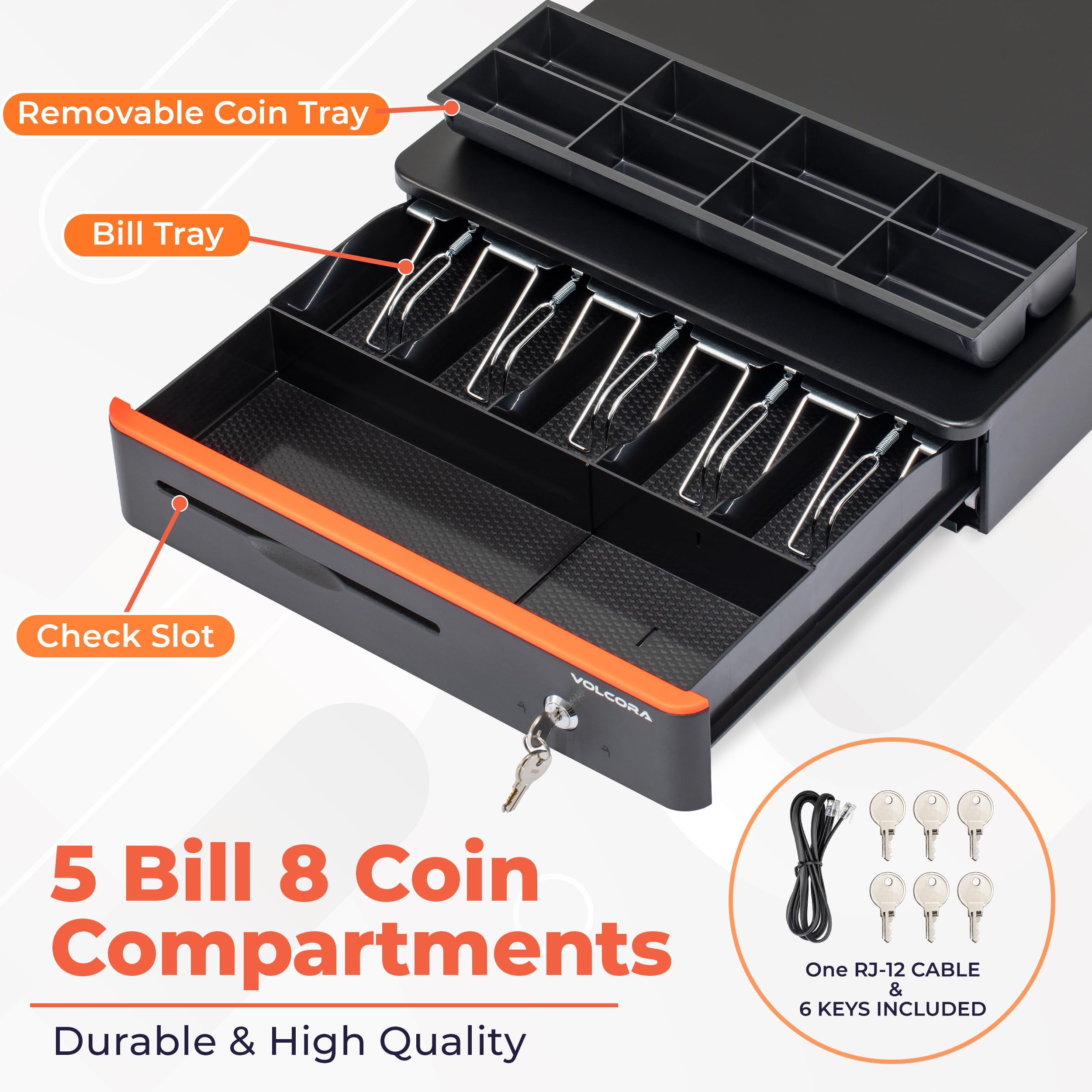 Amazon.co.jp: SAFEVolcora レジ引き出し POSシステム ラウンドコーナー付き 16インチ 取り外し可能なコイントレイ  紙幣8枚 24V RJ11/12キーロックメディアスロット マネー引き出し ビジネス用 オレンジバー/ブラック : 文房具・オフィス用品