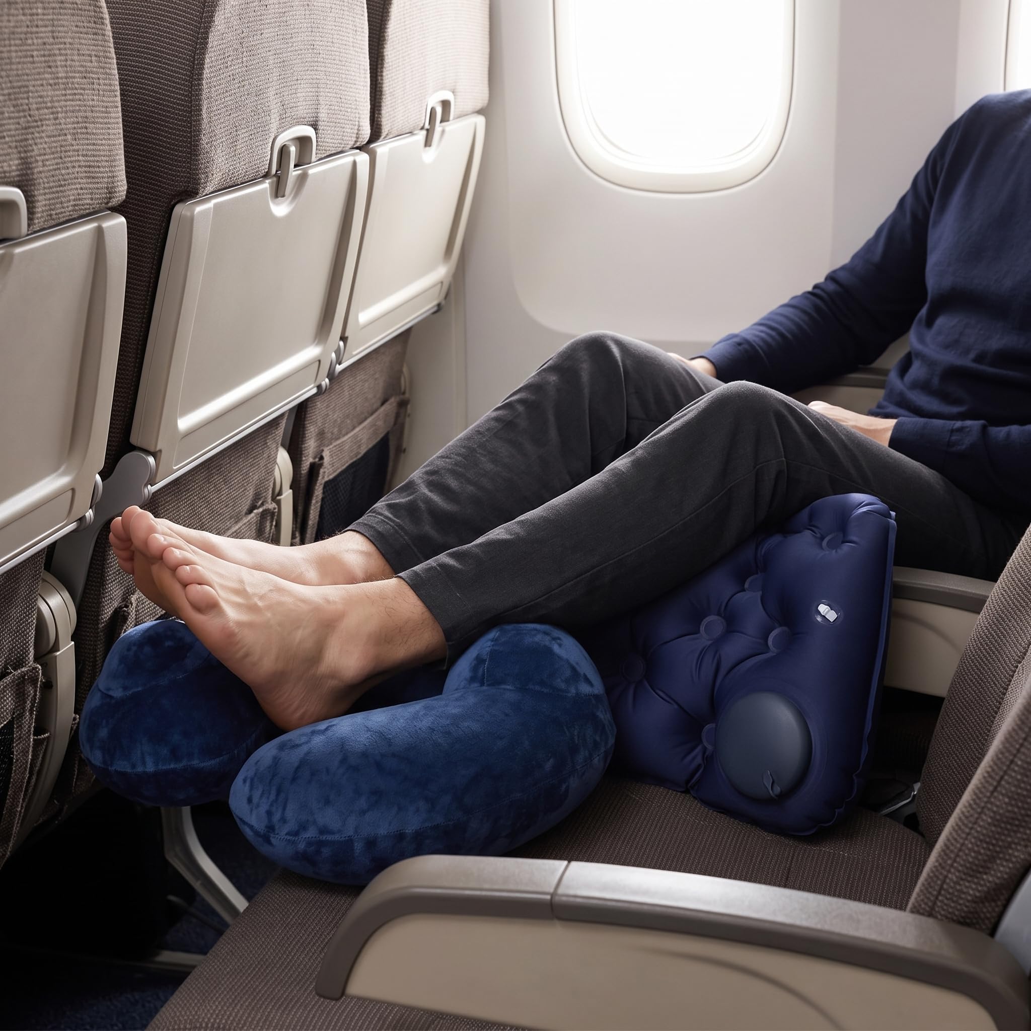 Homyl Oreiller Gonflable et Coussin Soutien Pliable pour Avion, Voiture ou Bureau, Coussin Lombaire Gonflable à Pression + Oreiller de Voyage en Forme de U à Bosse de Chameau, Couleur Bleu Marine