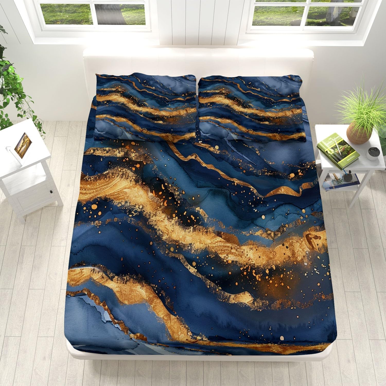 Print Fitted Sheet Set Full Size for Kids Boys Girls, Bed Sheets Blue Marble Gold Stripes Pattern Fitted Sheet Adults Flat Sheet Soft Luxury, Home Room Decor 4Pcs