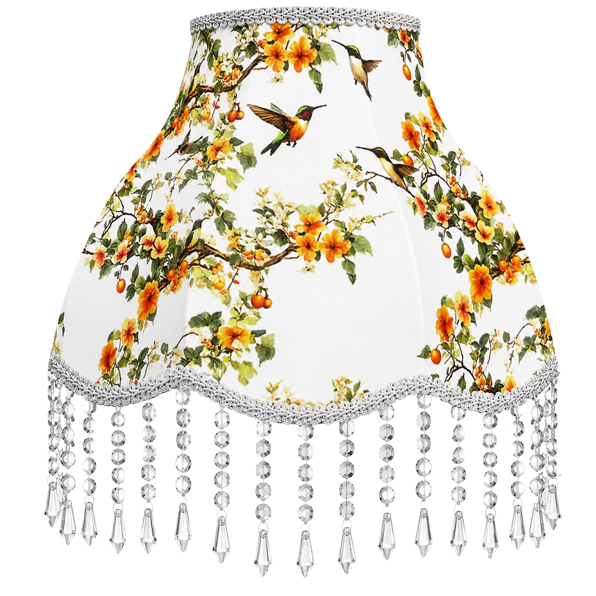 Victorian Bell Scalloped Light Shade with Acrylic Bead Droplets, 33cm Bottom Diameter, Metal Harp & 2 Ring Adapters Included, White Fabric with Hummingbird & Blossom Pattern
