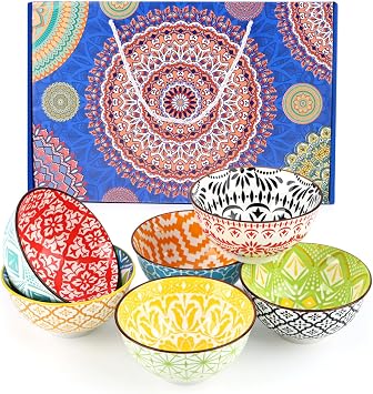 6-Piece Ceramic Tapas Bowls Set 10oz   Bohemian Design with Gift Box