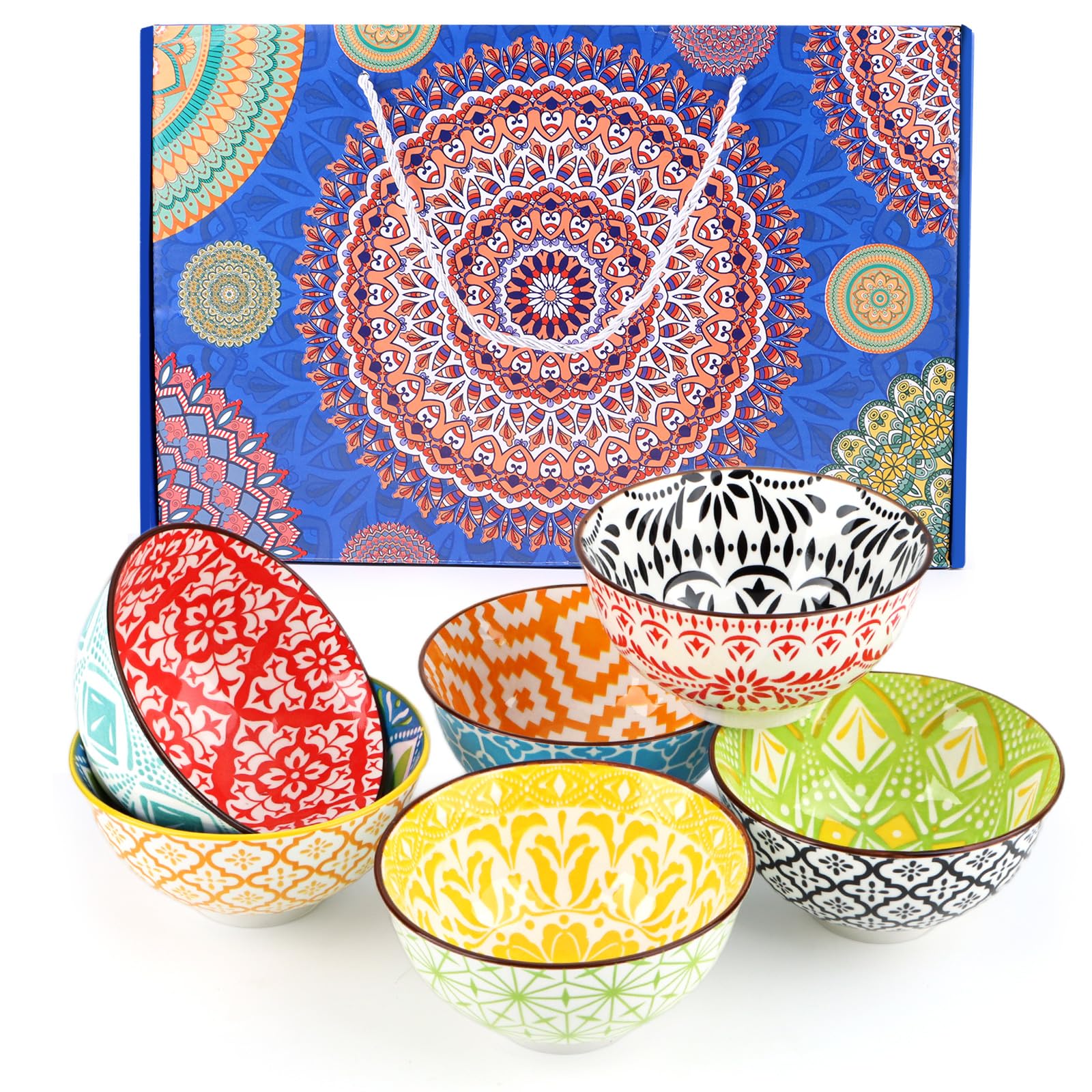 Qudubuy Ceramic Tapas Bowls Set of 6 - Bohemian Style Tapas Dishes, 10oz/300ml Salad Bowl, Decorative Serving Bowls for Dip, Cereal, Soup, Rice, Fruits& Snacks, Dishwasher & Microwave Safe