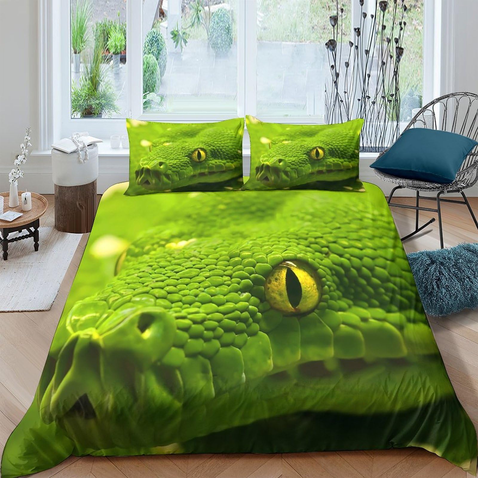 Ctjqhvkz Style-1 3D Printed Green Snake Fitted Sheet Microfiber Soft Breathable Reptile Eye Bed Cover For Bedroom Guest Room Decor Single（135X200cm）