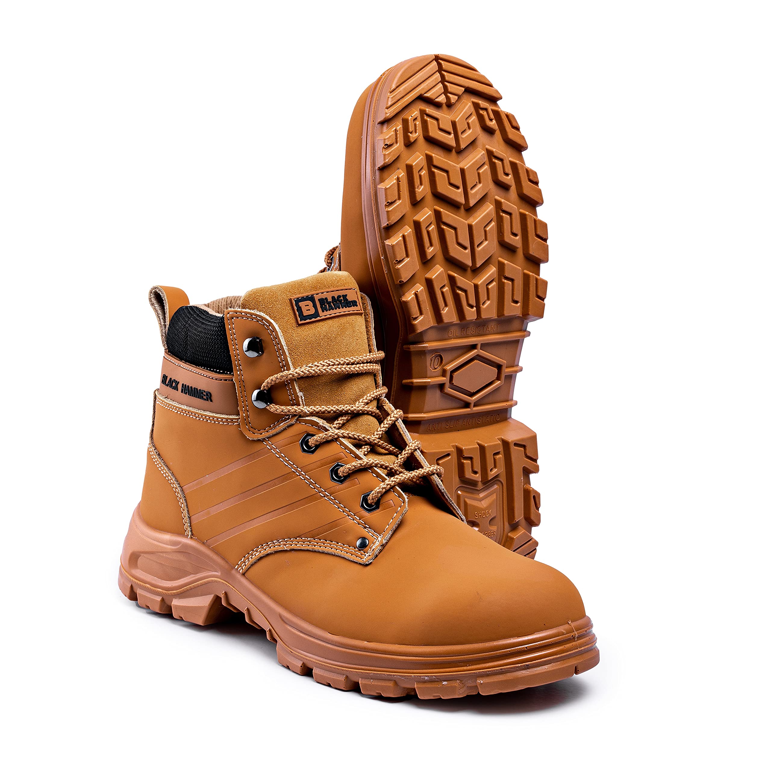 BLACK HAMMER Botas de seguridad para hombre con puntera de acero Zapatos de trabajo S3 SRC tobillo de cuero marrón Tan 5007