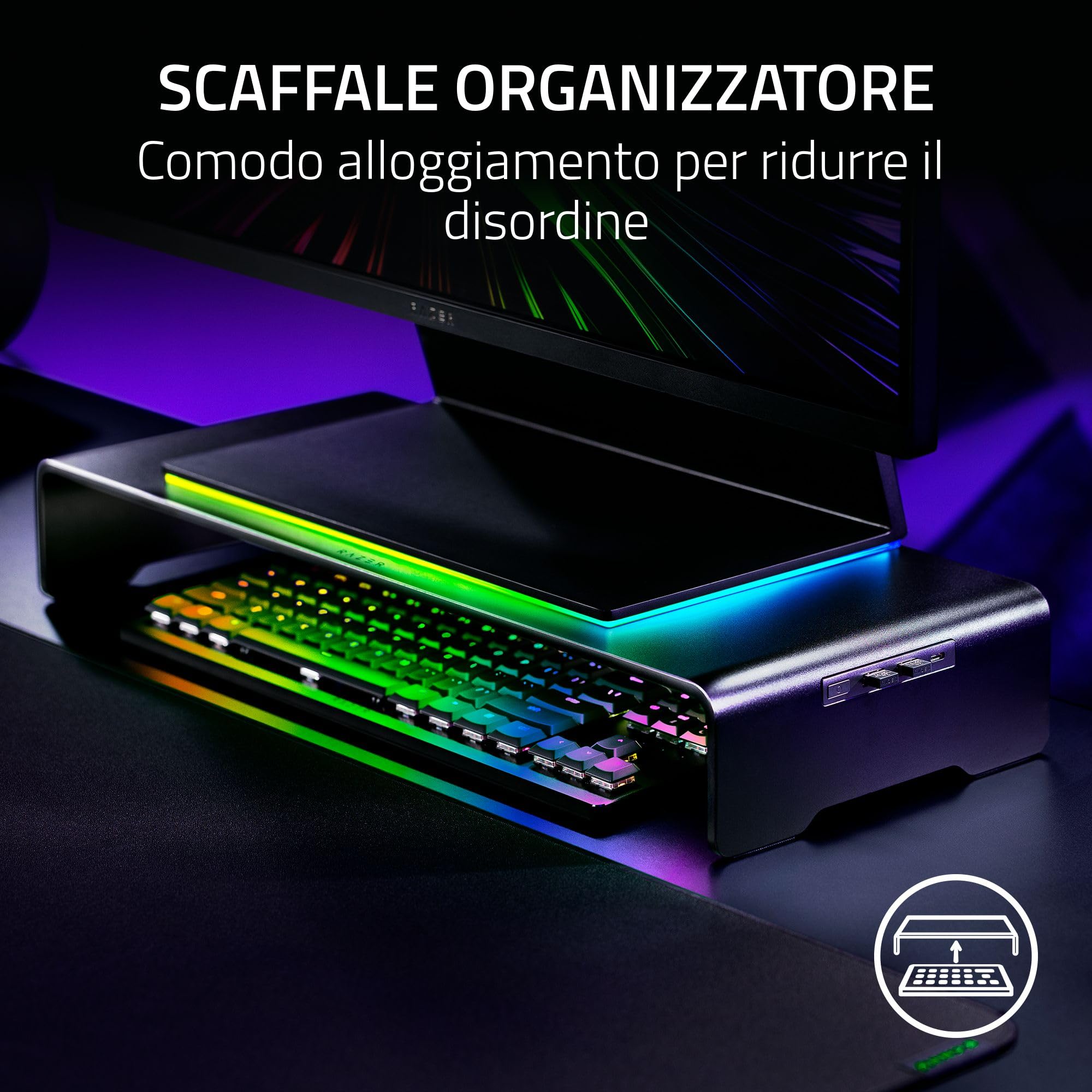 Razer Monitor Stand Chroma - Supporto per monitor in alluminio con hub USB-C a 4 vie con Chroma RGB (50cm x 21cm x 7,85cm, struttura robusta, capacità di carico 20 kg, altezza ergonomica) Nero