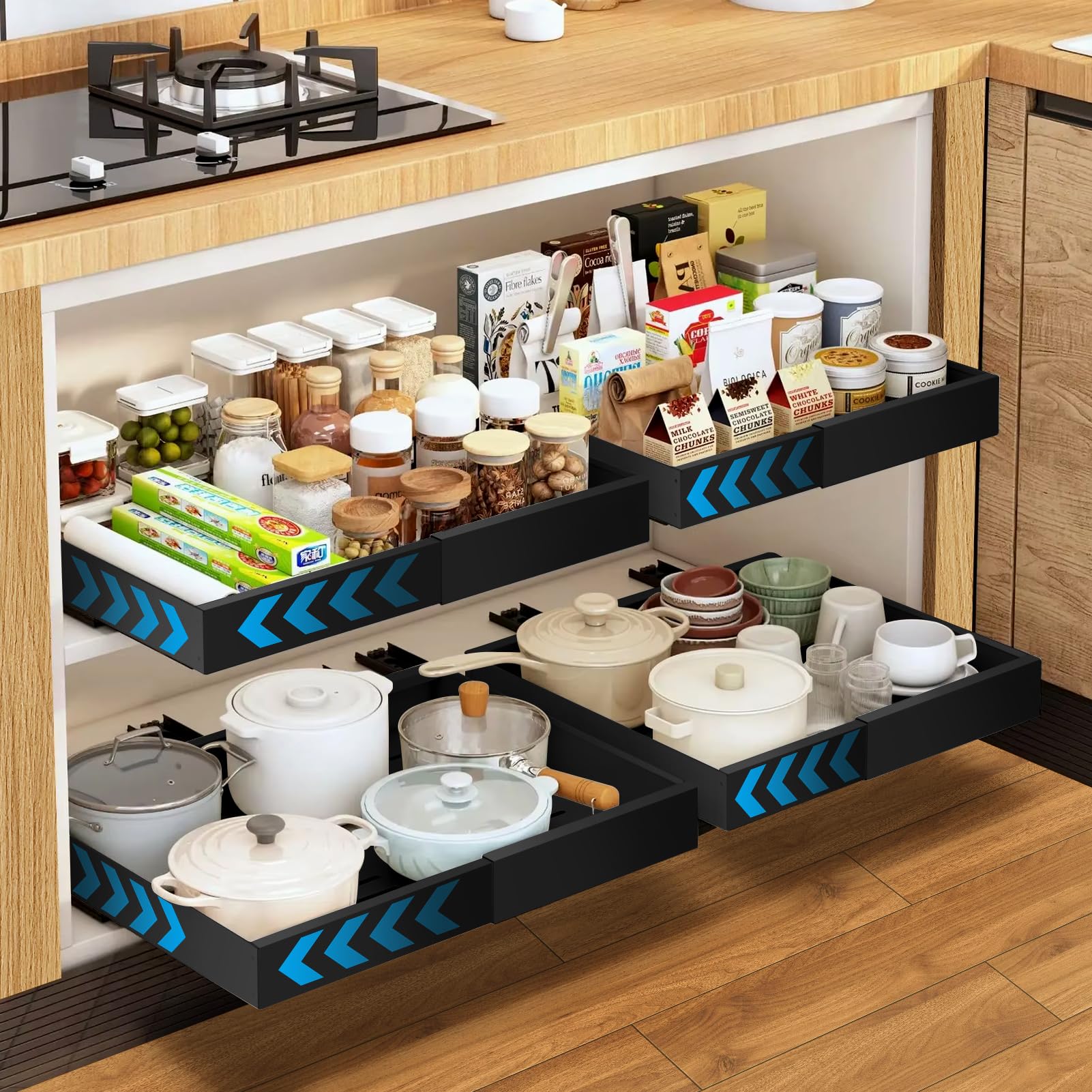 Lot de 4 tiroirs extensibles télescopiques pour armoires de cuisine, largeur réglable de 31,5 à 52 cm, pas de perçage nécessaire, avec système de rails pour armoires de cuisine