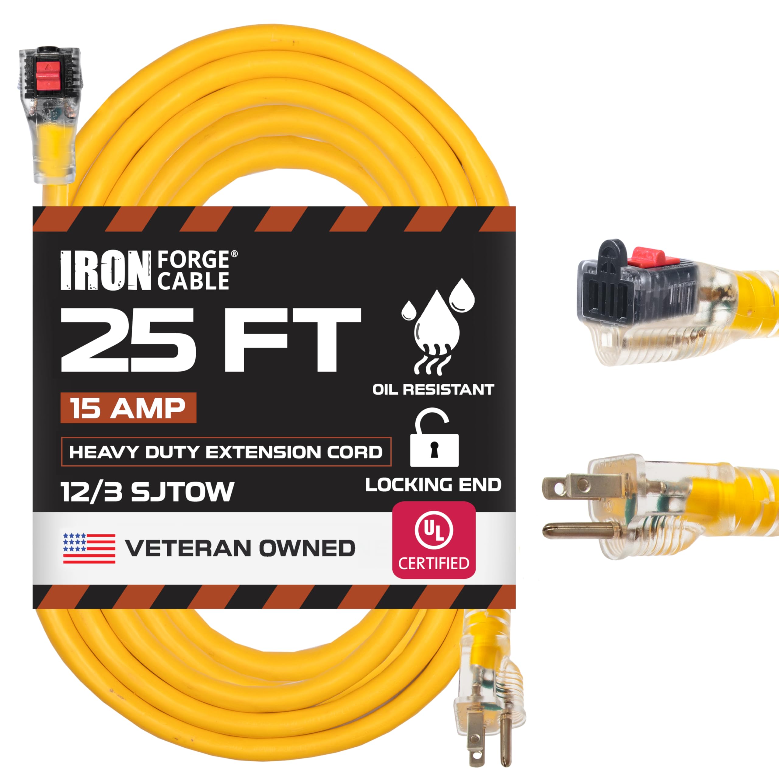 Iron Forge Cable Oil Resistant 12 Gauge Outdoor Extension Cord 25 ft with Locking Ends - 12/3 Heavy Duty Extension Cord Outdoor 3 Prong, Yellow Cable 15 Amp