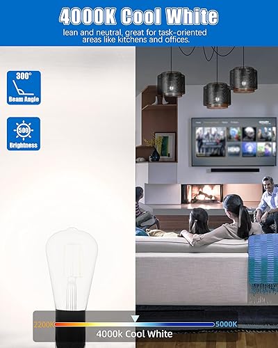 Miniatura 3 de MASTERY MART Bombillas Edison equivalentes a 60 W, bombillas LED vintage E26 de base media, CRI 90+, 4000 K blanco natural, ST19 ST58, 5.5 W no