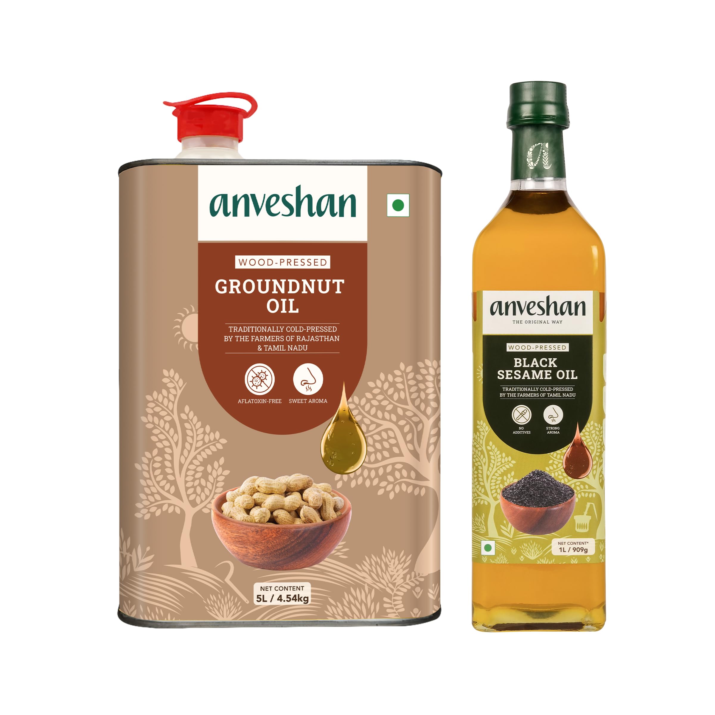 Anveshan Combo of Wood Pressed Groundnut Oil 5L and Black Sesame Oil 1L | Kolhu/Kacchi Ghani/Chekku | Natural | Chemical-Free | Cold Pressed Oil for Cooking
