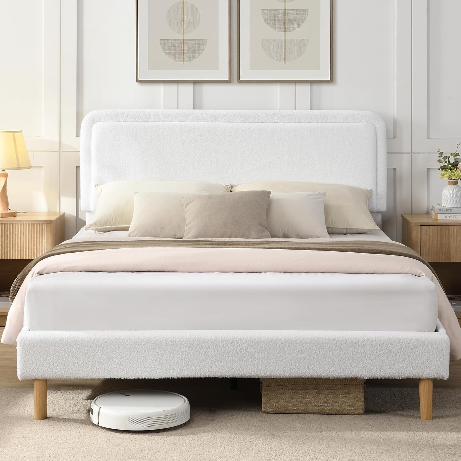 Queen Size Cloud Bed Frame with Adjustable Upholstered Headboard, Modern Queen Bed Frame with Headboard, Soft Boucle Upholstered Platform Bed Frame, Easy Assembly, No Box Spring Needed (White)