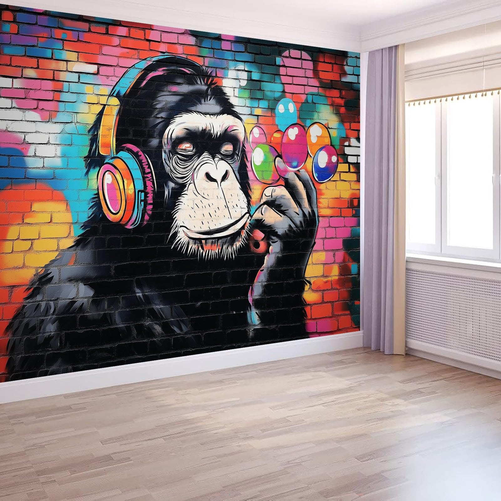 Papel pintado no tejido 350 x 256 cm, Grafiti De Dibujos Animados De Chimpancé Póster de pared gigante para decoración de habitación infantil, niño, niña y adolescente Vistoso