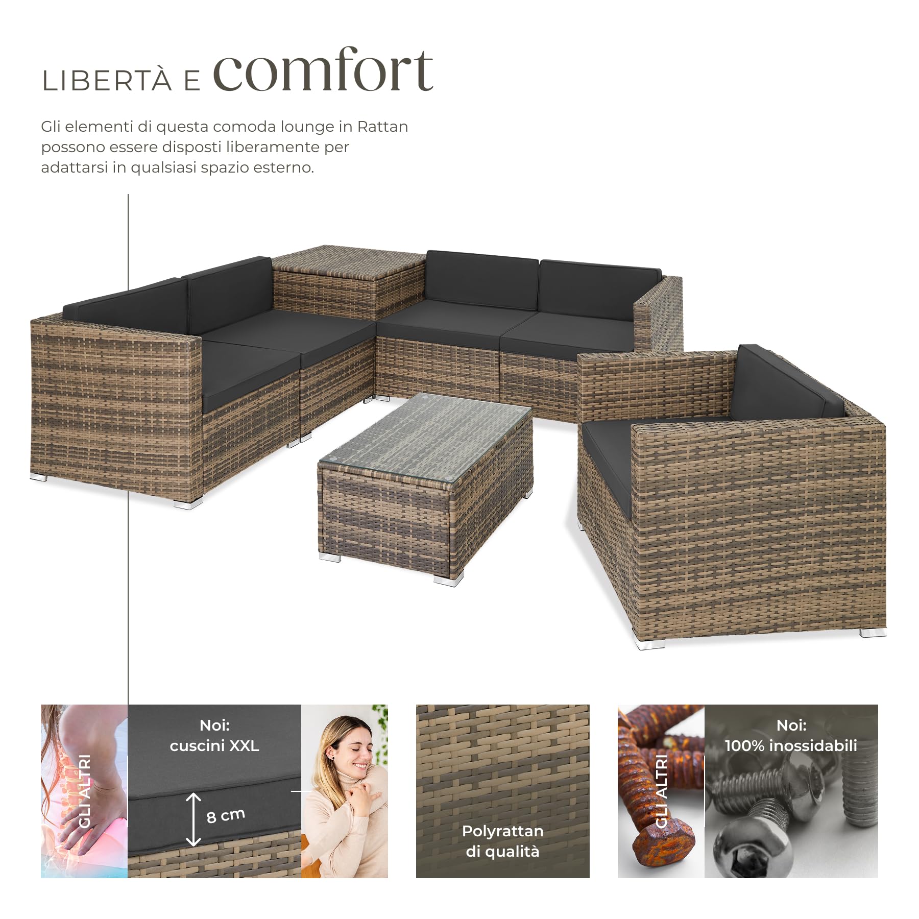 tectake® Salottino in Rattan XXL, Componibile, Contenitore Custodia, Poltrona Giardino, Set Balcone, Tavolo Sedie Esterno, Design Accurato, Versatile, Confort Massimo, Facile Pulizia - Naturale