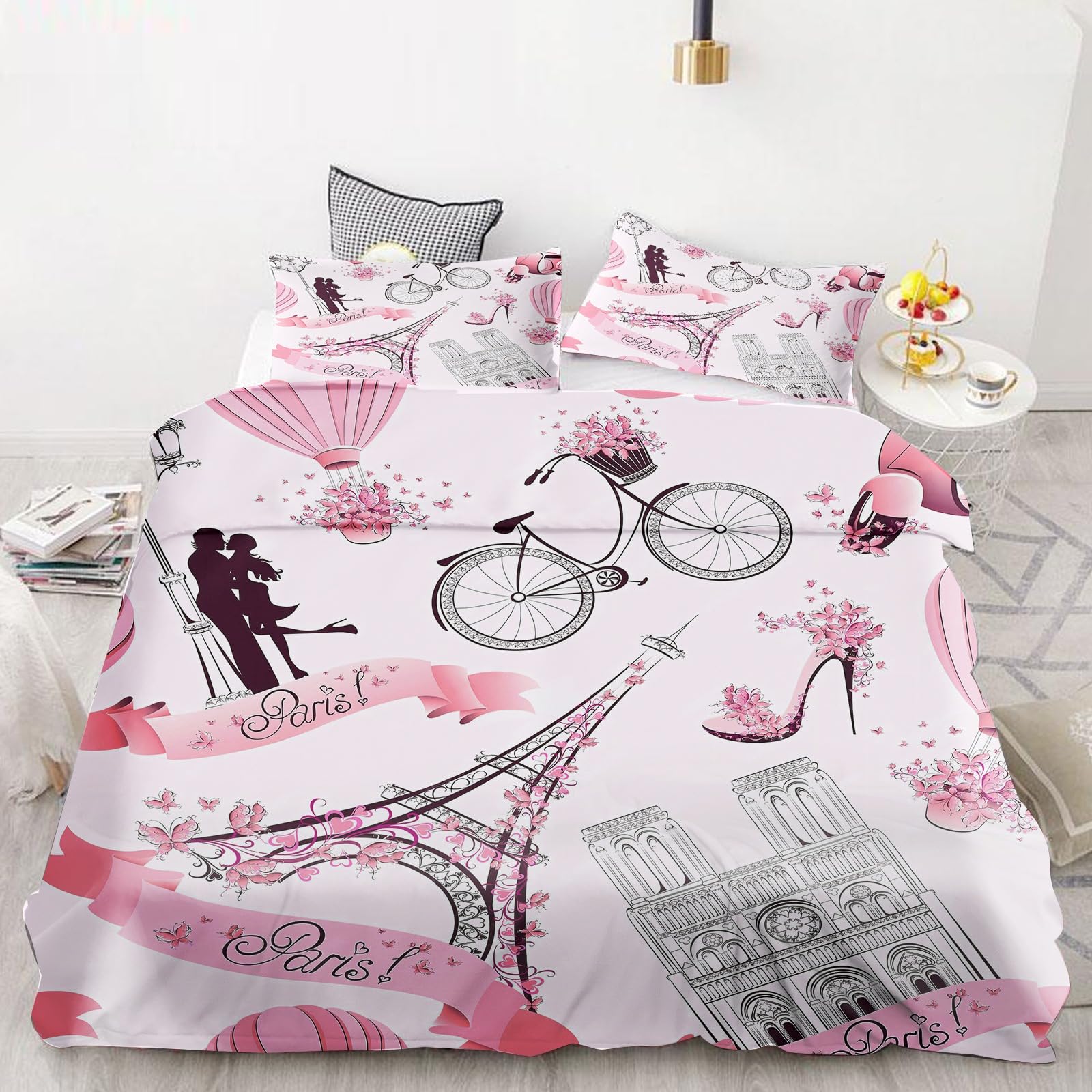 Fgolphd Eiffel Tower Bedding Set for Teen Girls Women, Pink Romantic Paris Themed Duvet Cover Set with Pillowcases, Soft Microfiber Bed Set single