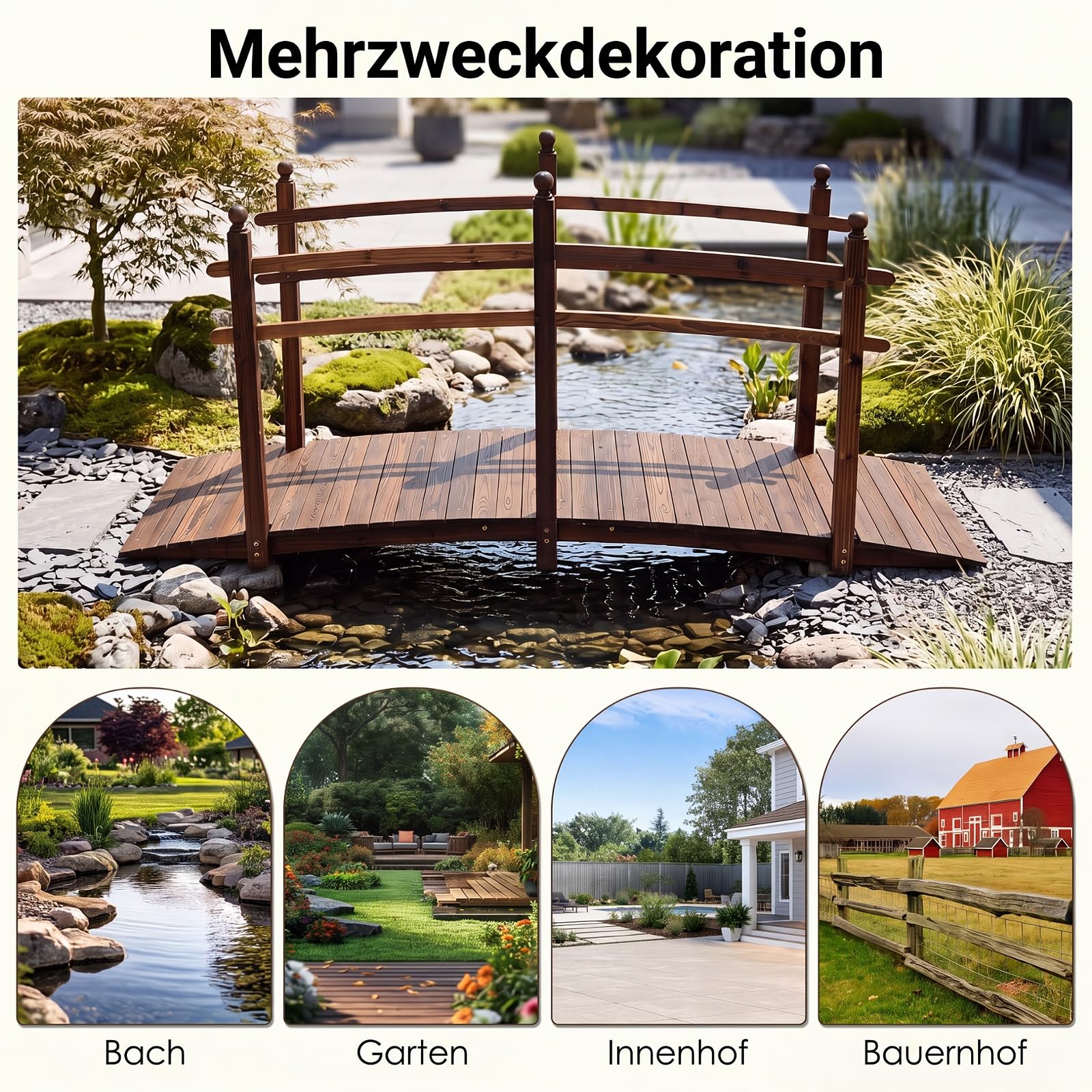COSTWAY Most do stawu, most ogrodowy, brązowy (230 x 73 x 108 cm) | Drewniany most z poręczami, most ozdobny do 500 kg, z litego drewna jodłowego, dekoracyjny most do ogrodu, stawu, na zewnątrz