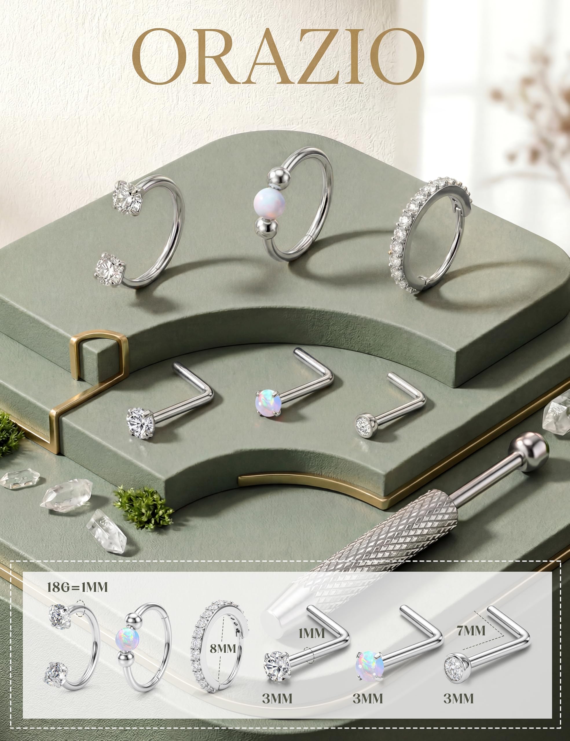 ORAZIO 6 Pièces Piercing Nez Acier Chirurgical Femmes Plaqué Or 14K Percing Au Nez Or/Argent Helix Piercing Piercing Nez Anneaux L/S Septum Nez Piercing - 2