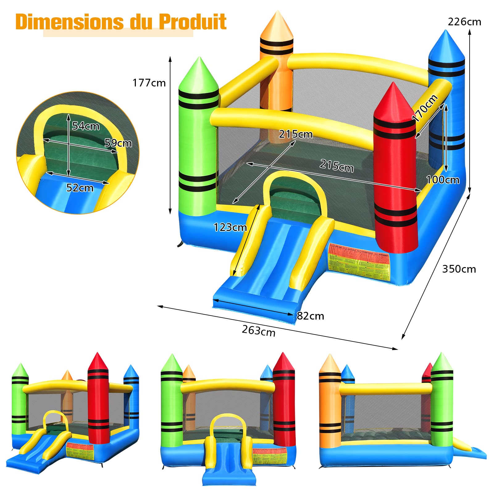 GOPLUS Château Gonflable avec Trampoline Toboggan Gonflable Motif Crayon, Escalade Idéal pour 2-3 Enfants 263x350x226CM (Crayon sans souffleur)