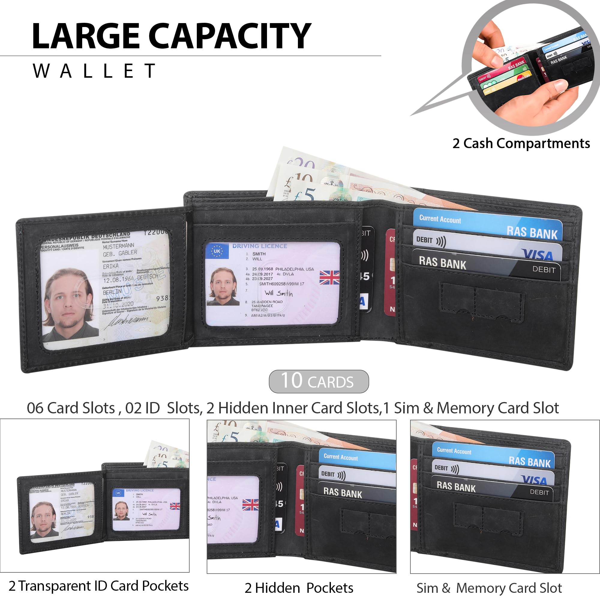 STARHIDE Men's RFID Blocking Genuine Distressed Hunter Leather Trifold Wallet Purse Credit Card Holder #1145 (Matt Black)