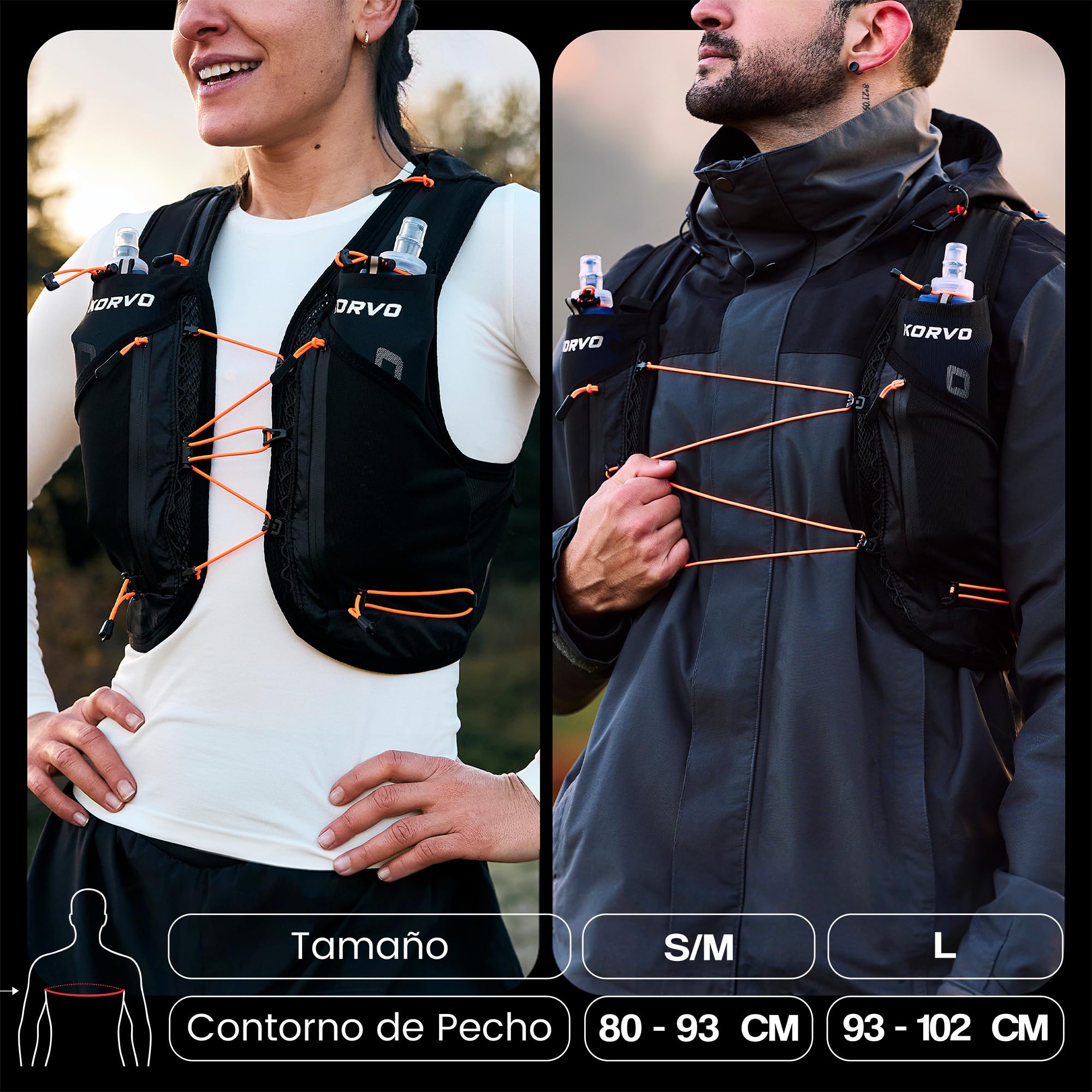 KORVO Chaleco Running Hombre y Mujer + 2 Soft Flask 500ml - Chaleco Hidratacion Trail Running, Mochila Hidratacion Correr, Mochila Trail Running Hombre, Running Vest, Chaleco para Correr